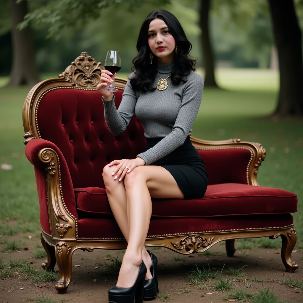 White realistic cleavage lady dimitrescu with beautiful black hair sitting on a large gray sofa holding a Santander business card,in a mansion with natural lighting and decorative plants and some red details
