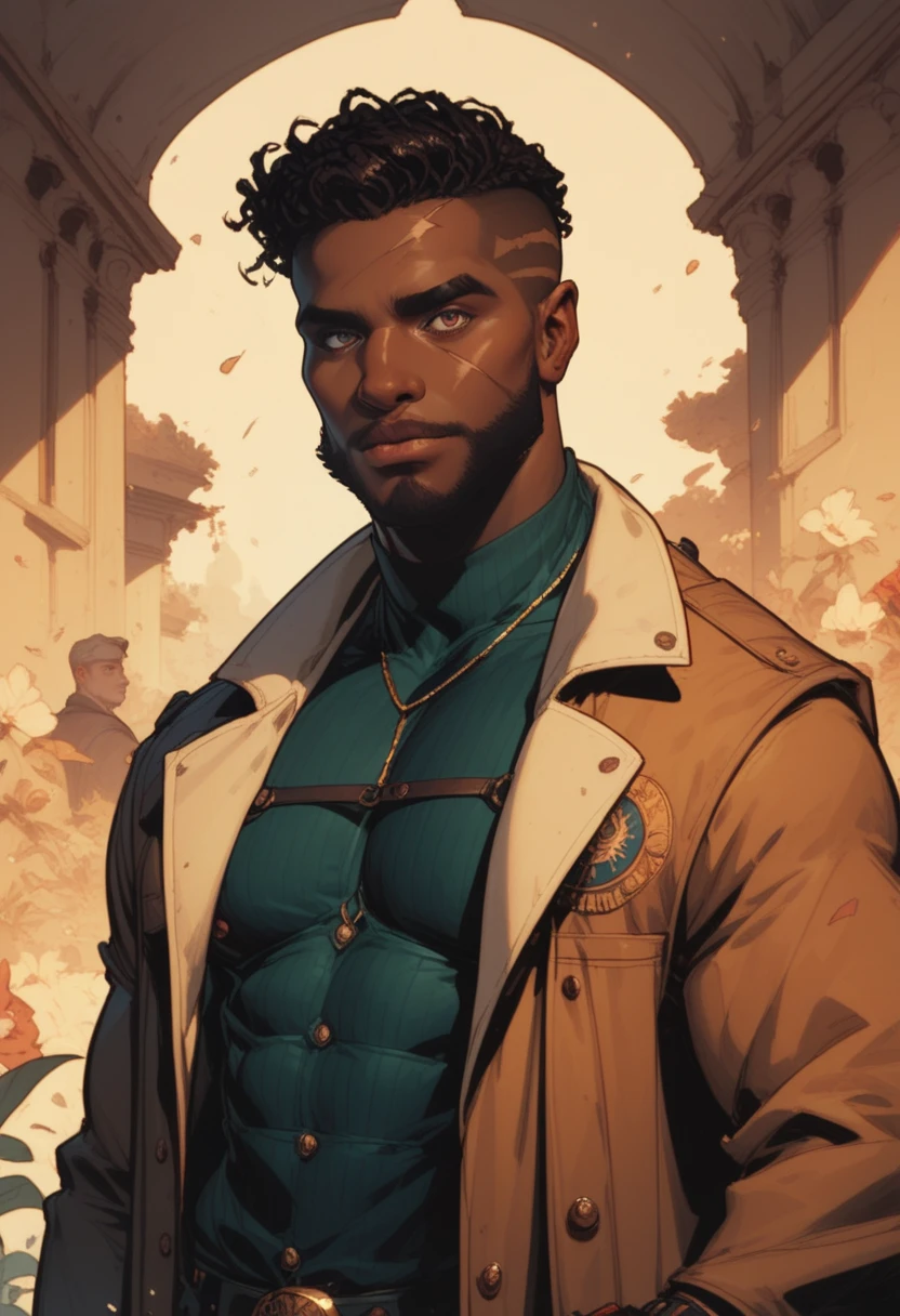 Animated Nightmare Style, 1boy, beard, belt, black pants, brown jacket, building, city, cross, cross necklace, dark skin, dark-skinned male, earrings, facial hair, glowing, goatee, green belt, green eyes, green shirt, jacket, jewelry, looking at viewer, male focus, multicolored jacket, necklace, open clothes, open jacket, outdoors, pants, purple hair, shirt, short hair, solo, undercut, watch, wristwatch, yellow jacket, BREAK PonyXLV6_Scores