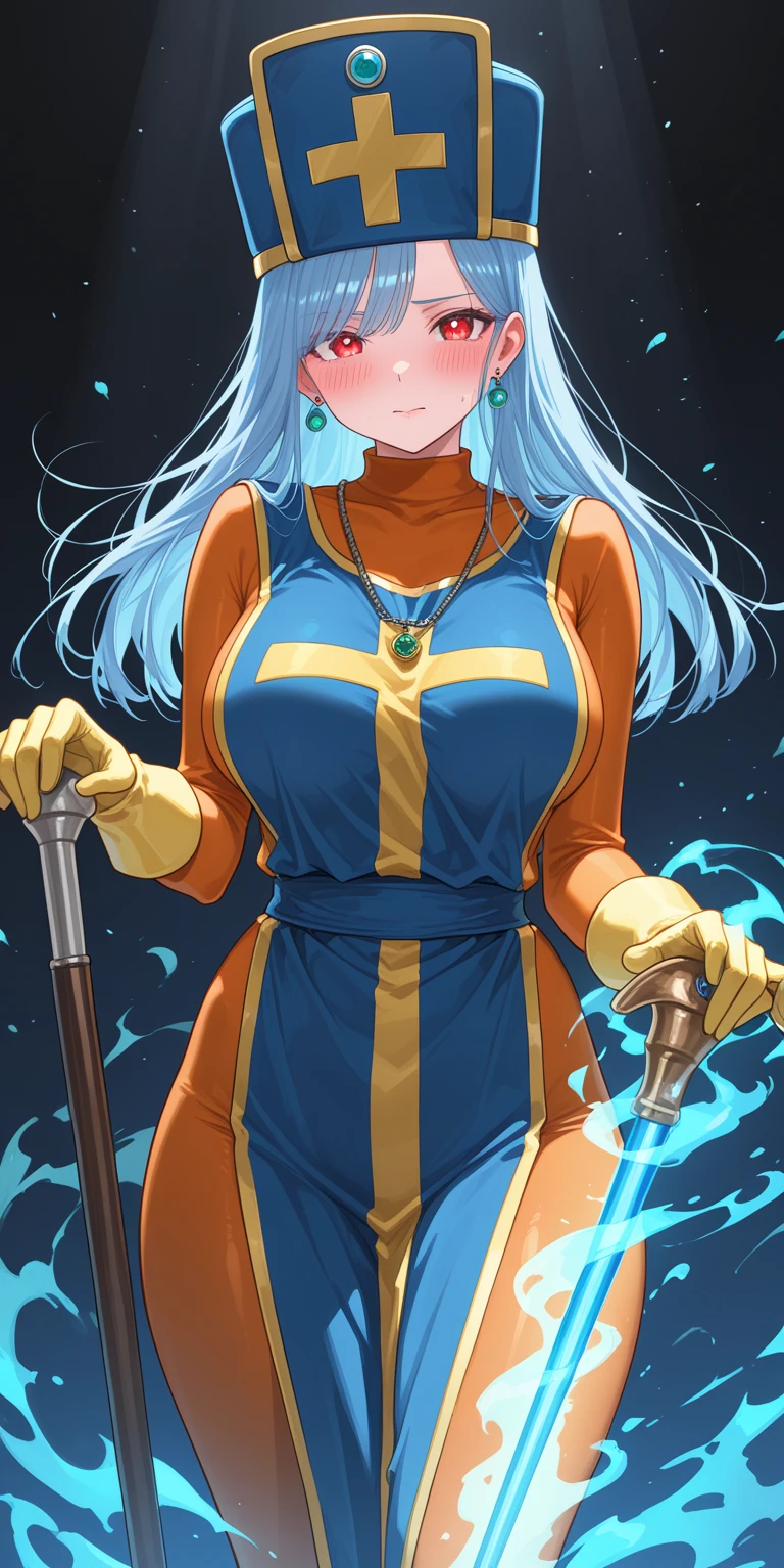 ultra detailed, Masterpiece, Best Quality, Alone, soft smile, light smile,
1 girl, Blue eyes, very long hair, by rubio, long by rubio, French braid, hits, medium breasts,
hair band, ruffled choke, crisscross halter, sleeveless dress, High waist skirt, backless dress, waist tie, separate sleeves, ruffled sleeves, wide sleeves, shackles, printed leggings, Mary Janes,   Blue theme,