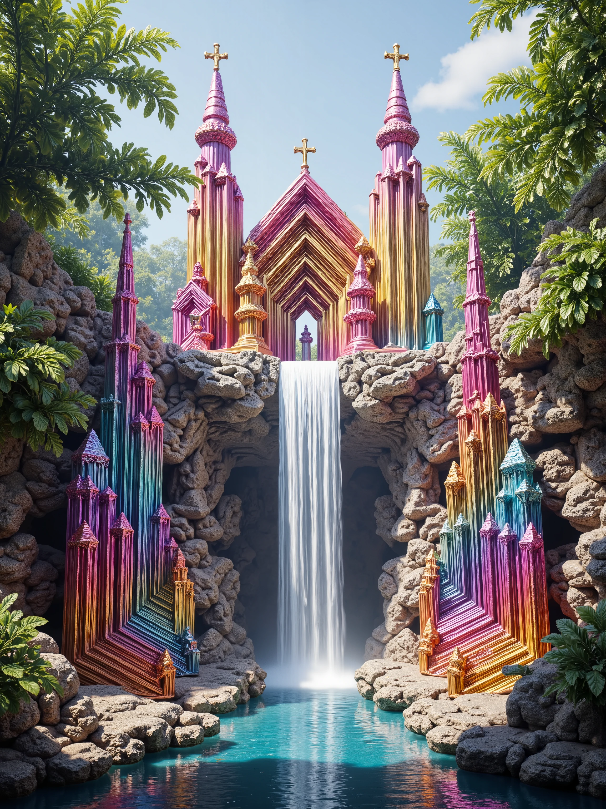 A cliff that is 300 feet tall made up of gigantic quartz crystal points that are multicolored translucent pillars in a tropical rainforest. In the middle of these skyscraper sized quartz crystals is an incredible gushing cascading waterfall that pours into a beautiful lagoon that is lined with smaller quartz crystals 20 to 40 feet tall. In the center up on rock is a church like structure with christian crosses that is made entirely out of quartz crystals. In hues of Pink, Red, Orange, Yellow, Green, Blue, and purple, there are hundreds of quartz crystal formations pointing up and making up the walls of the church, the roof, even the doors. Make sure that they are mostly translucent and radiate color in the bright full sunlight. There are thousands of giant quartz crystals in and on the cliffs, in the inside edges of the lagoon, and around the waterfall, and the church, just like a church built in the center of an incredible enormous geode. An incredibly complex and intricate translucent crystal church structure that incorporates a waterfall into the actual building made out of minerals and translucent crystals, and it is surrounded by crystals too. Church and its structures will be many stories tall. Statues made out of minerals and crystals are in strategic locations. There are other animals and birds everywhere. Giant insects are all over the place, too. Prehistoric life in its natural form. A jungle with life in every direction. Breathtakingly beautiful, stunning, Awe Inspiring, An Awesome Site! If you get it right! 8K Octane, Action Painting, Cinematic, Cinematography, Conceptual Art, Digital Art, Fujicolor, Ultra-realistic,photo-realistic,Photorealistic, Portrait Photography, Surrealism, Unreal Engine, Sparkle on crystals, Cinematic Lighting, Glowing Light, Reflection Light, Ray Tracing, God Rays, Perspective: up close, macro photography, UHD, Super Detailed, Best Quality, Award Winning, Masterpiece.