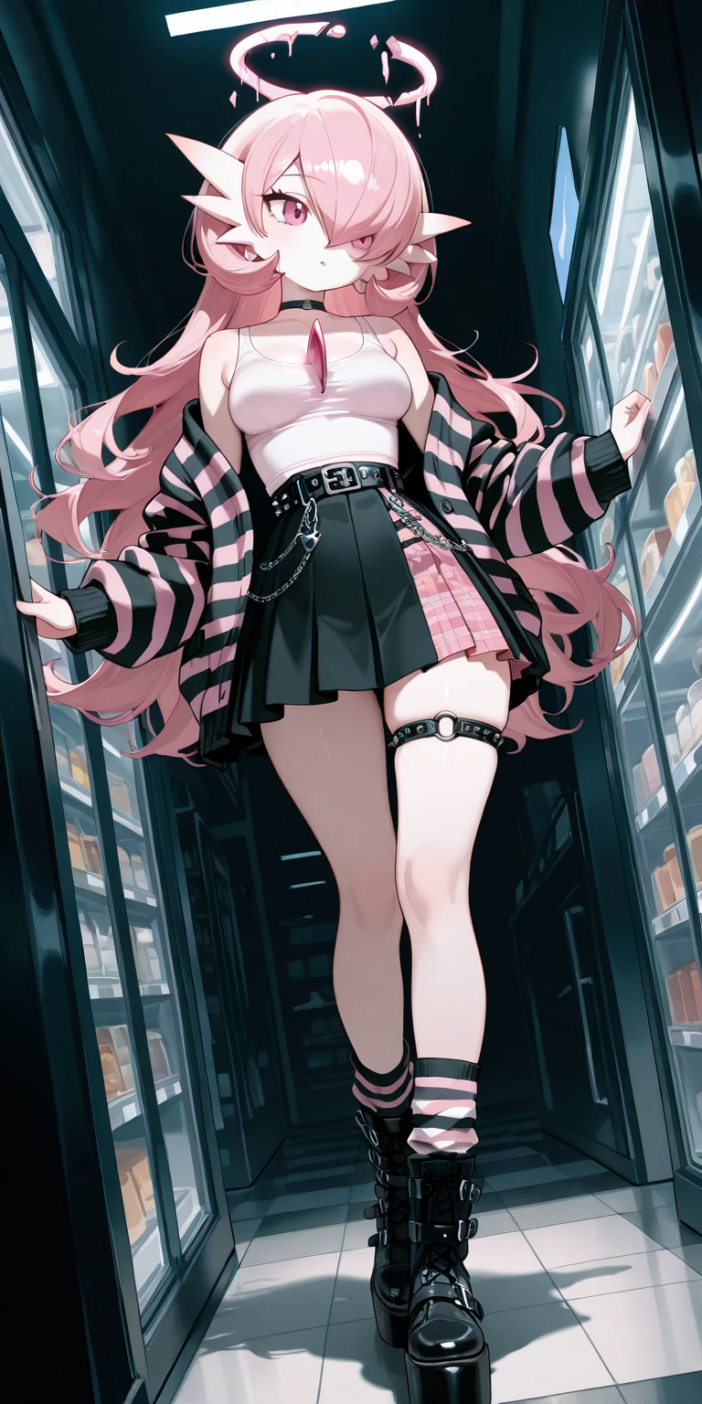 score_9, score_8_up, score_7_up,1girl , pink hair, twin drills, black short dress, thighhighs, standing, crossed legs, pink lips, <lora:santa_style_pony6_v1:.8>, mall, looking at viewer, dutch angle, pleated dress,