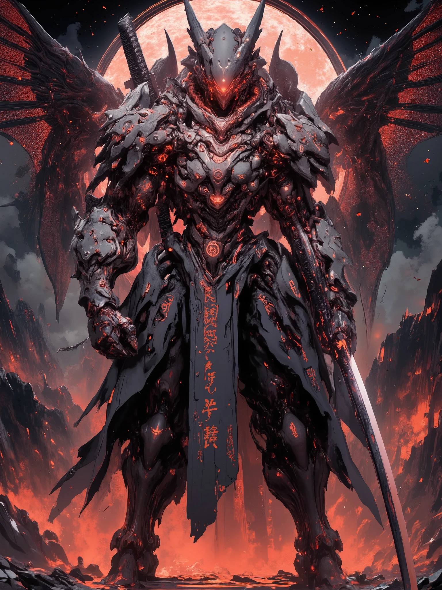 - Main Character, "Japanese" Adult Woman, Beautiful, tall, long legs.
Facing the audience.
Sexy and Athletic body shape.
Perfect curves, big breasts, flat and slim stomach, wide hips, big buttocks.
- Wearing a costume ("Full Sexy Armor"). The armor looks strong and sturdy.
The costume has a futuristic design.
Strong and sturdy Dragon Wings, dragon scales are visible in detail.
Leg armor and high heels are very detailed, hand guards are very detailed, knee and elbow armor.
There is a Rune Pattern on the Magic Circle that Lights Up.
The Costume is Dominated by Red with a combination of Orange.
- Pose: Standing in the middle of a Lava pool while holding a Long Katana full of glowing writing.
The Giant Ancient Greymon Monster is seen in the distance.
A scary Dark Volcano
Night, Moonlight, Star Clusters, Black clouds, quiet and silent, Mystical White fog.
"FANTASY"