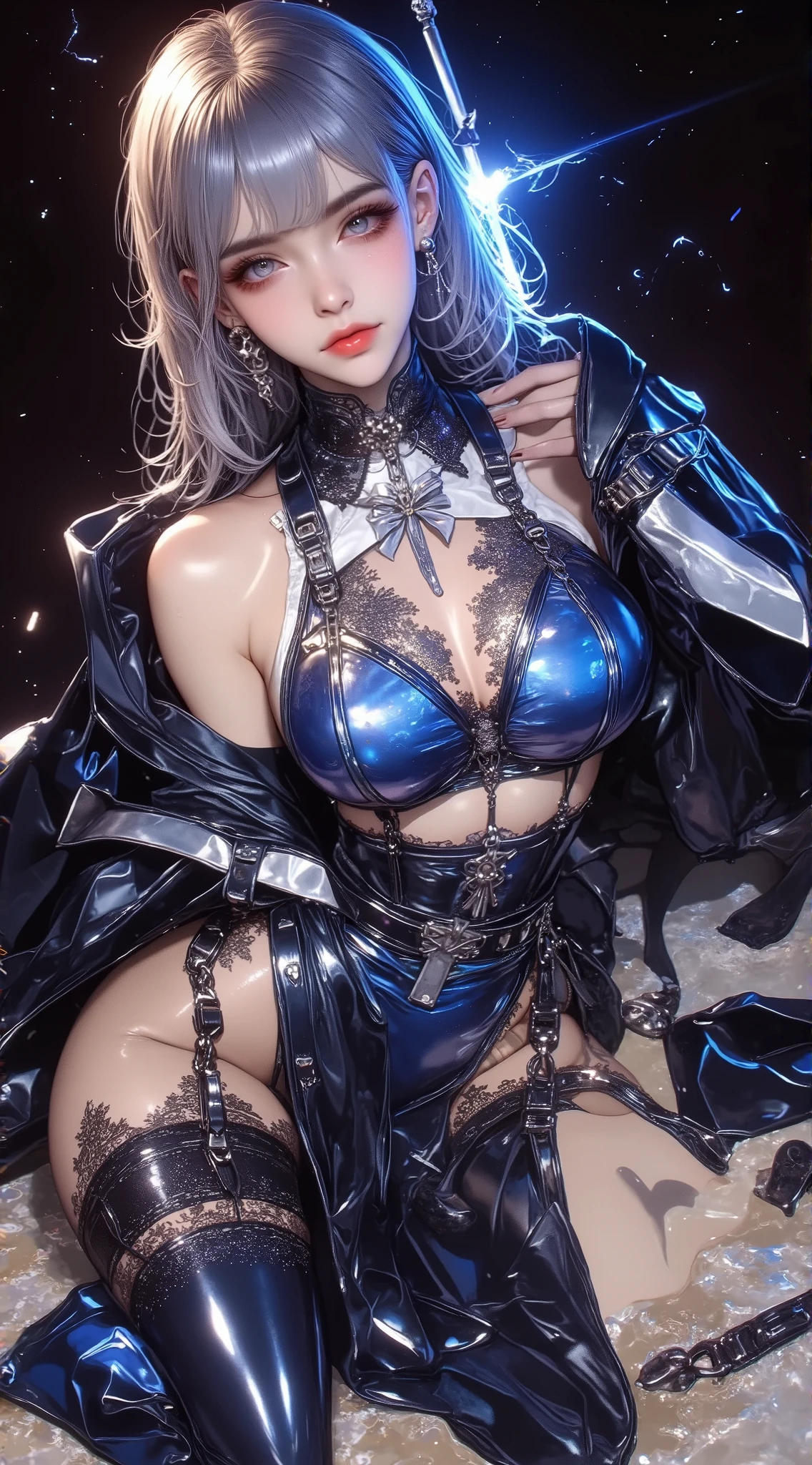 ((high quality、masterpiece、detailed、normal body、5This finger、precise、delicate))、Magical girl((silver hair、Colored leotard armor with white as the base color、super uper high leg、transparent leotard、iron collar、torn leotard、torn leotard、Estrus、Aphrodisiac effect、Erogenous zone sensitivity 100 times、nipple erection、clitoral erection、orgasm、Pupil is heart))、Defeated heroine、The leotard is torn and there is a hole.、Stretch your arms from side to side、defeated and crucified、crucified on the cross、Crucifixion in chains、restrained by chains、open your mouth、shortness of breath、white breath、A sweet sigh、Ahe face with white eyes turned、slave collar、leash collar、strict collar、iron collar、Slave Fall、fall of pleasure、belly exposed、Dirty crest on the abdomen、The lewd crest shiney body is on fire、rotor on nipple、rotor on clitoris、Orgasm brings you to the height of happiness