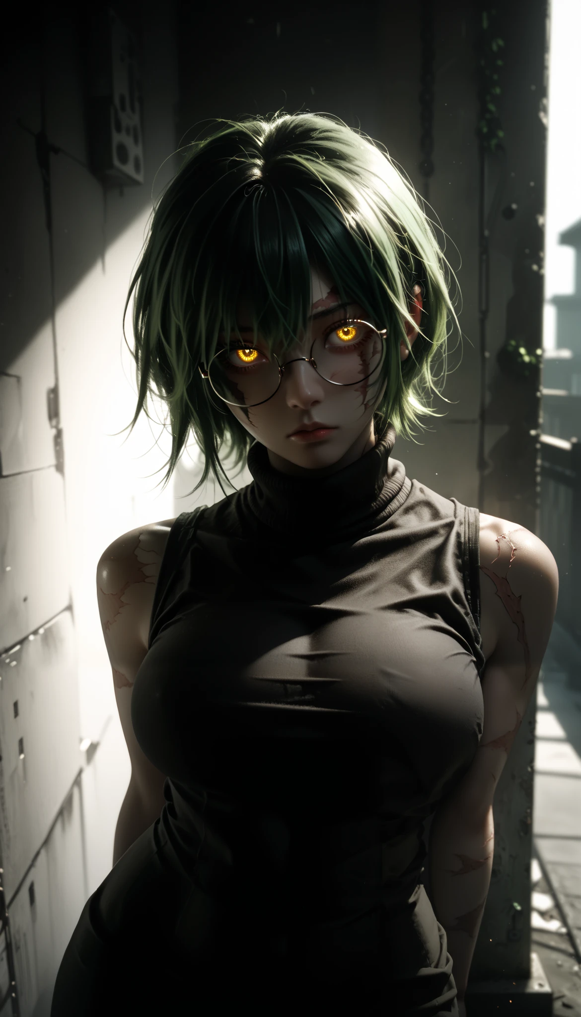 from above, Maki Zenin, 1girl, solo, scar, large breasts, round eyewear, glowing eyes, short messy green hair, yellow eyes, black sleeveless turtleneck. She is leaning back firmly against the wall of the building, her body straight and pressed tightly to the wall. Her arms are behind her back. Her body faces forward, looking directly at the camera, while her head is turned to the side, gazing downward and away as if she is waiting or lost in thought. The setting is an outdoor street scene with a calm, neutral atmosphere.