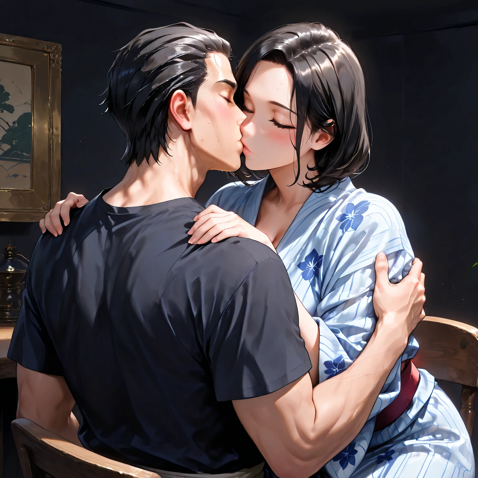 score_9, score_8_up, score_7_up, score_6_up, score_5_up, score_4_up, (shiny skin:1.2), hinataSDXL, 1woman, mature, solo, short hair, black hair, purple eyes, white eyes, hyuuga hinata, curvy, huge body, large breasts, hanging breasts, thick hips, white robe, 1 man. interracial, (french kiss:1.2), shock face, room