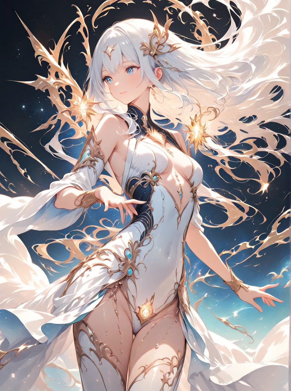 long white hair，goddess，cleavage，Bailongjiao,The body has white dragon scales,white dragon wings，white dragon tail，Bare waist，thigh,thong,Snowy iceberg