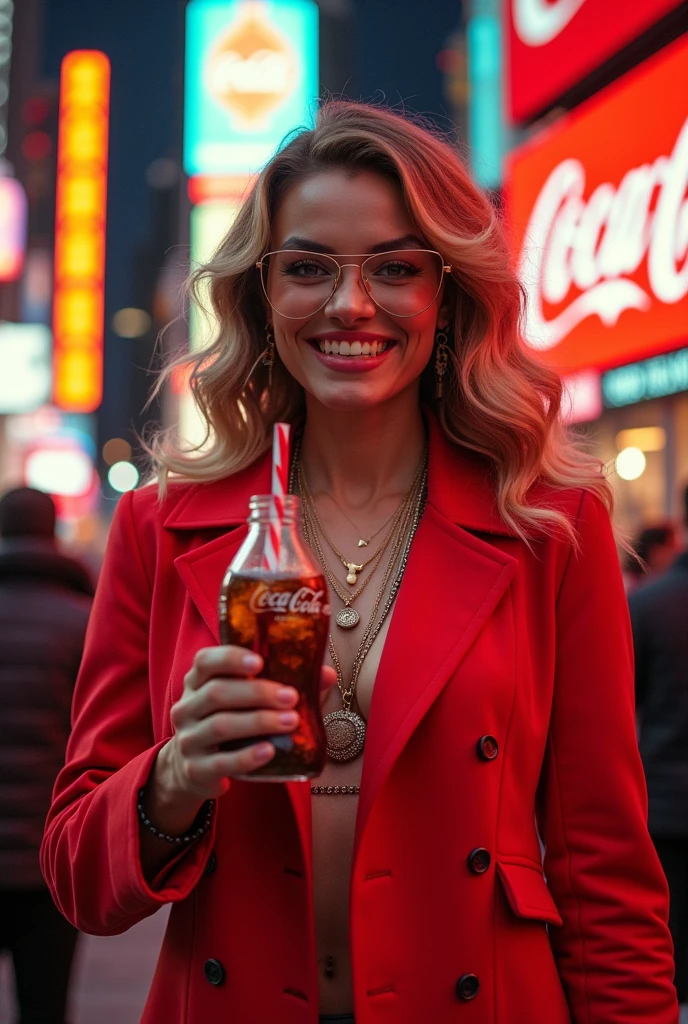 A striking photograph features an elegant older woman with long, flowing gray hair, she wears futuristic, reflective sunglasses and bold red lipstick, dressed in a vibrant red outfit that blends seamlessly with the intense red background, she holds a hot dog adorned with ketchup and mustard, presenting it confidently to the camera, the overall aesthetic is bold and vivid, emphasizing strong contrasts and a sense of sophistication mixed with casualness, the lighting is bright and even, highlighting the details in her hair and the texture of the hot dog, camera settings include an 85mm f/1.4 lens, aperture set at f/2.8 for a shallow depth of field, shutter speed at 1/125 seconds to capture sharp details, ISO set at 100 for minimal noise and maximum color accuracy, lighting involves a softbox on the right side for even, soft light distribution, the background is a solid red backdrop to create a seamless look, post-processing includes enhanced contrast and saturation to emphasize the bold colors and details.