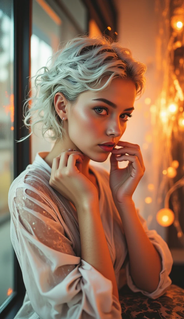 The most unusual photo in the world of photography.  It is unusual because it is a work of art in the River Oaks style, made in the modern-ambient and minimalist style.  This is an analog photograph on kodak portra film with acid stains around the edges.  The soft lighting and the f-stop setting create a romantic facial line, so that the model's beautiful face is in focus, but the near and far parts of her figure remain out of focus.  The effect resembles a fairy-tale fantasy with a subtle glow that creates a sense of depth.  The background is playfully highlighted and out of focus.  The model is dressed in couture clothes inspired by the images of Sid Meade and Karl Lagerfeld.  She poses for Mademoiselle like a stylish supermodel, but she remains approachable and not too proud.  Her elegant long hair is bleached white and styled in the brightest and most expressive hairstyle, perfectly contrasting with her medium-toned skin.  The image is breathtaking, and it's beautifully put together.