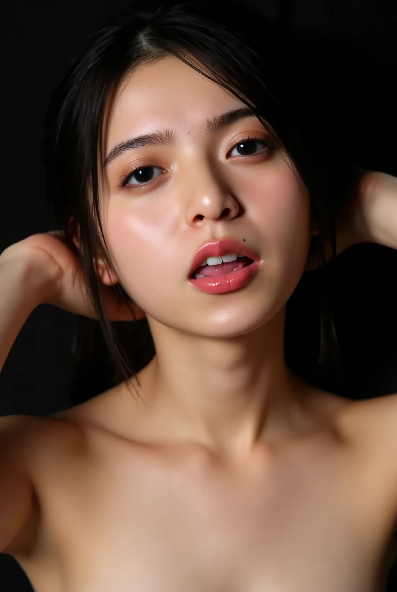 16k,8k, Ultra High Precision, Extra high quality , Beautiful face, Japanese , nsfw, Stare 、 I can see the back of my throat 、 show me the inside of the mouth 、The mouth that asks for food 、open your mouth :1.6)), ( Stick your tongue out, ultimate cute smile :1.8), (Ultra-detailed Beautiful faces:1.10), (Ultra-detailed 美しい slim body:1.9), 18 years old, ( Super Detailed Beautiful Japanese Beauty Female Idols:1.7), photos、I can see a woman with her hands crossed behind her head , focused on the face and chest 、 looks up at the camera . She has black hair 、 I can see women with almost no makeup . her expression is neutral . the background is black .Saito Asuka、Pink Lip Gloss
