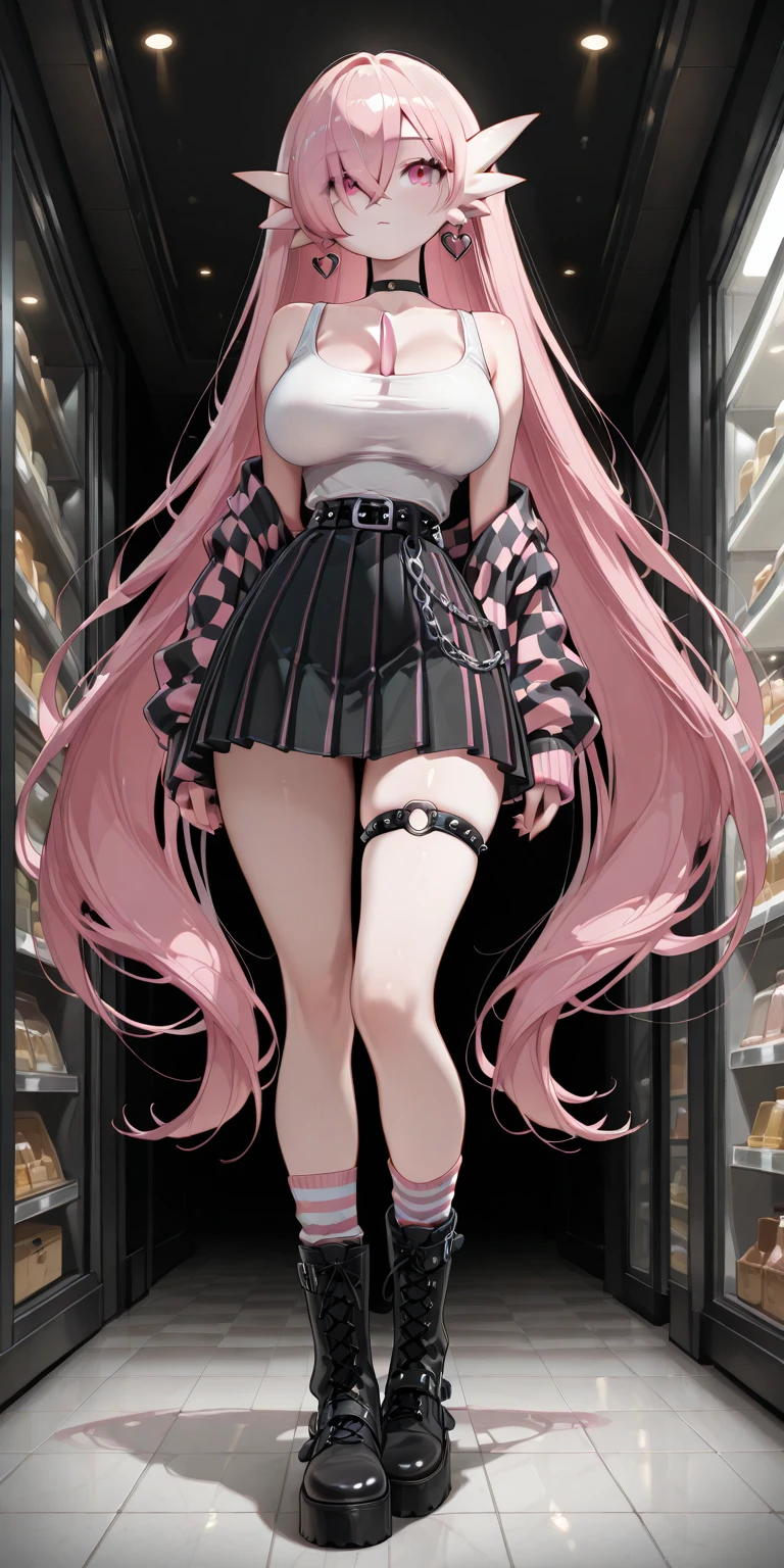 Portrait Art:1.5。Pink Hair。slong hair。miniskirts。Camisole。earings。Heart-shaped chest。Heart logo。Happy look。Inside a convenience store、Inside the arcade。Panty、Cute string panties