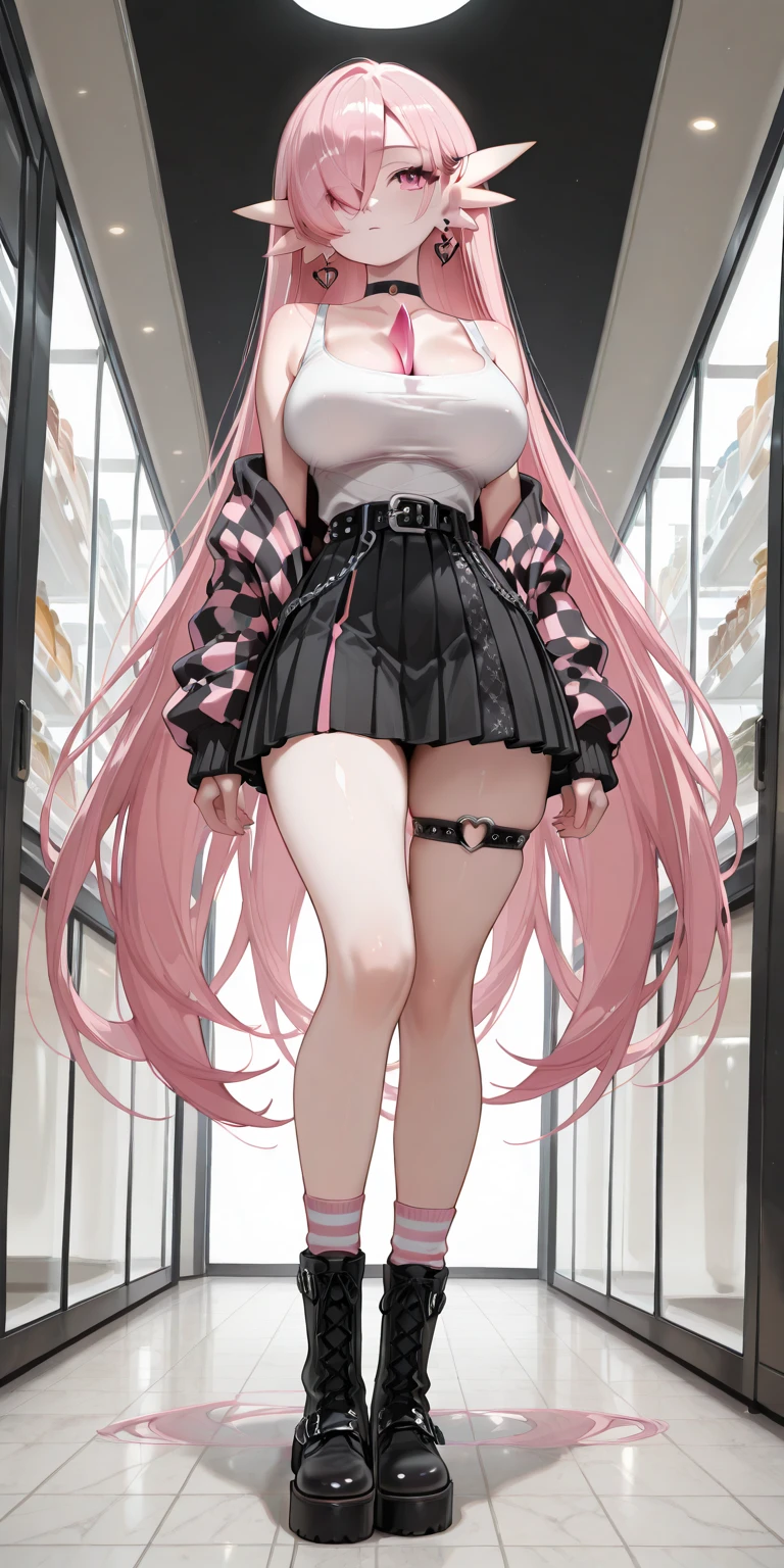 (Best Quality, 4K, 8K, hight resolution, masutepiece:1.2), Pink hair、bobhair、her breasts are beautiful and big。Climbing stairs。The inside of the skirt can be seen from the angle from below.。Sexy panties inside the skirt。peeking out from the ground。stylish shoes。Long legs and great style。spiraling staircase。