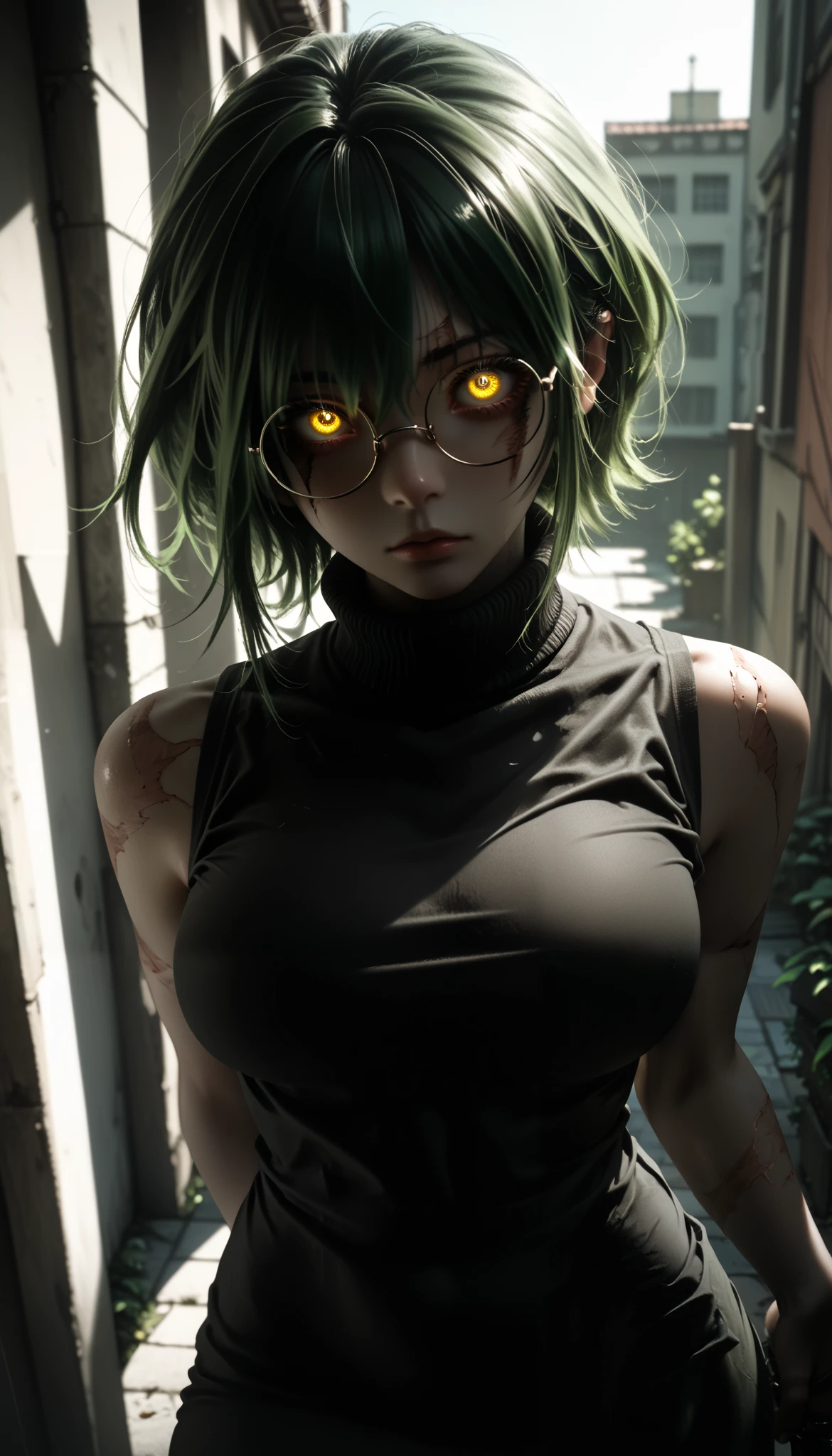 light, retina, from above, Maki Zenin, 1girl, solo, scar, large breasts, round eyewear, glowing eyes, short messy green hair, yellow eyes, black sleeveless turtleneck. She is leaning back firmly against the wall of the building, her body straight and pressed tightly to the wall. Her arms are behind her back. Her body faces forward, looking directly at the camera, while her head is turned to the side, gazing downward and away as if she is waiting or lost in thought. The setting is an outdoor street scene with a calm, neutral atmosphere.