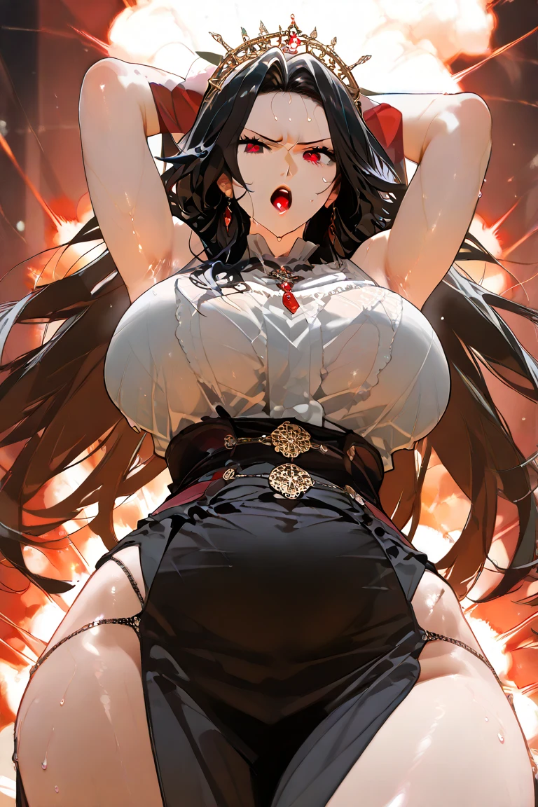 Masterpiece, very detailed, ultra detailed, one, (1 woman), japanese, She is naked and without clothes and in a sexy position, super mature, tall, milf style, mature mother, super long hair, straight black hair and straight bangs, thin demonic horns, beautiful, charming, bright dragon Blood-red eyes, elegant, big breasts (huge, torn), bare breasts, cheerful breasts, friendly smile, charming, dark background, futuristic setting on huge dark-black fire and fog background.
