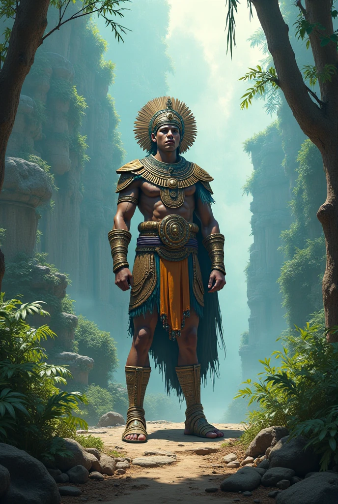 there is a statue of a man with a headdress in a cave, cinematic still frame, inca style, ancient trees, volumetric effect, imax close-up of face, monumental giant palace, by Agustín Fernández, cinematic ilumination, fallen columns, by Alejandro Obregón, 2 0 2 1 cinematic 4 k framegrab, (((unreal engine)))