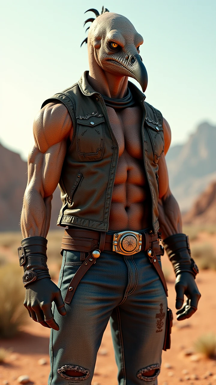 barret, dark skin male with gun arm and tattoo, sunglasses, shirtless , (( fundoshi )) , full body , black boots