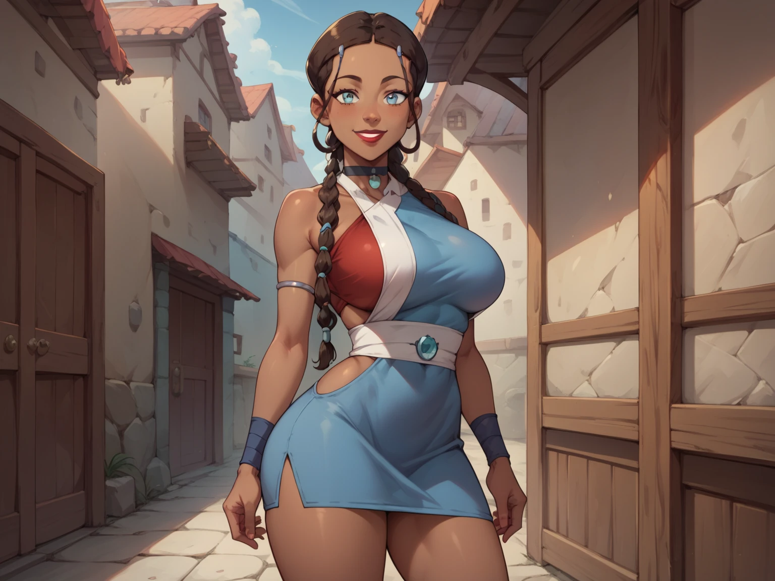 ultra-realistic 8K CG, masterpiece, ((ultra detailed background, fine drawing, intricate details, high detail, better quality fine details, hyper-detailed face)), (photorealistic: 1.4), beautiful lighting, absurdity, RAW photo, film grain, TyLee, 1girl, solo, brown hair, braid, smile, long hair, brown eyes, navel, belly, braided tail, (leggings, chest bandages), (medium breasts, slim girl, wide hips, ass), ((complex detailed background, sand, outside, desert background, blue sky, tavern)), erotica,