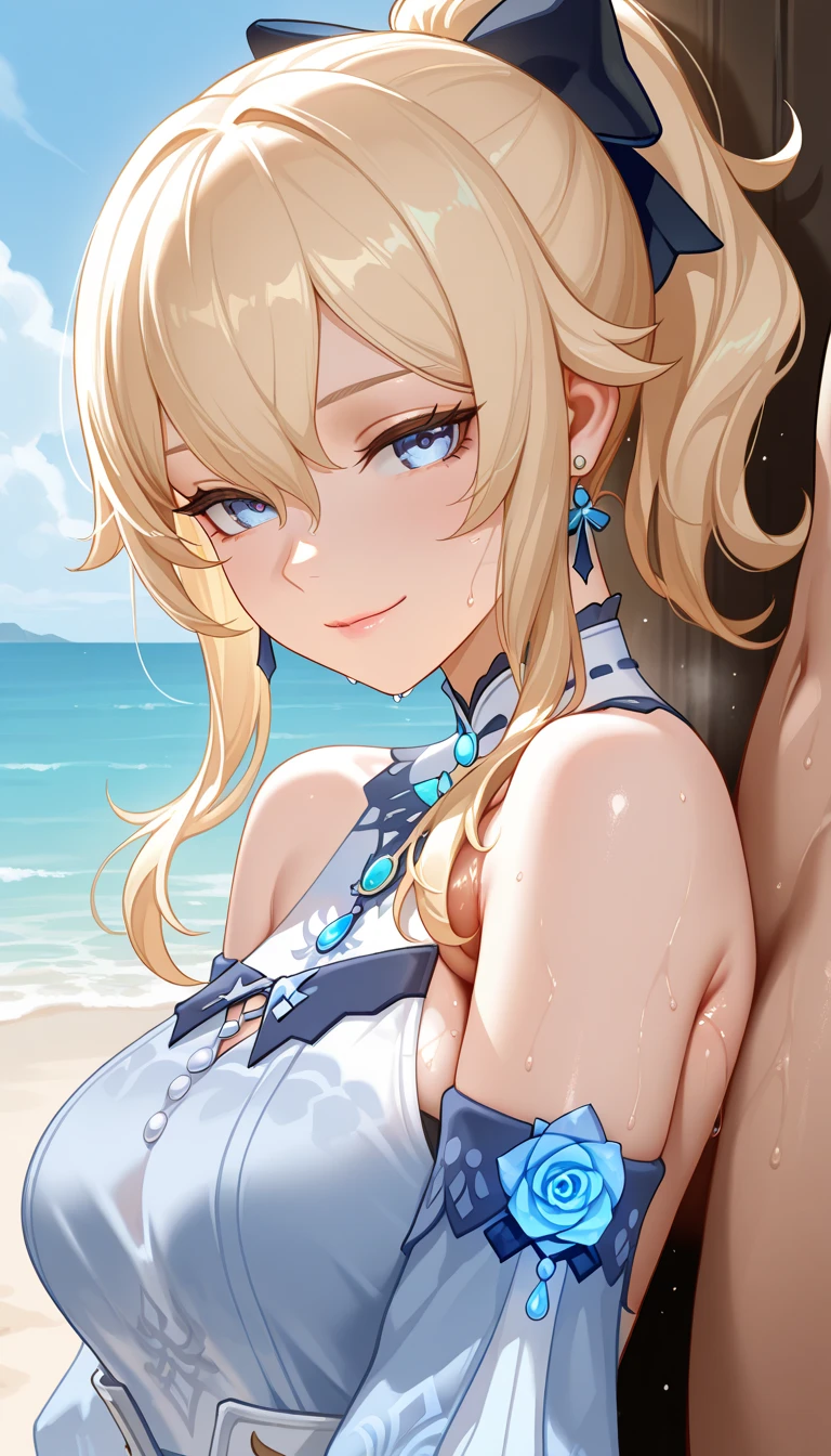 best quality, masterpiece, highres, solo, {jean_genshin:1.15}, blonde_hair, blue_eyes, bangs, ponytail, long_hair, sidelocks, breasts, hair_between_eyes, bow, hair_bow, blush, large_breasts, 1girl, looking_at_viewer, bare_shoulders, black_bow, official_alternate_costume, sky, cloud, shirt, smile, blue_sky, jewelry, portrait, closed_mouth, upper_body, earrings, sleeveless
