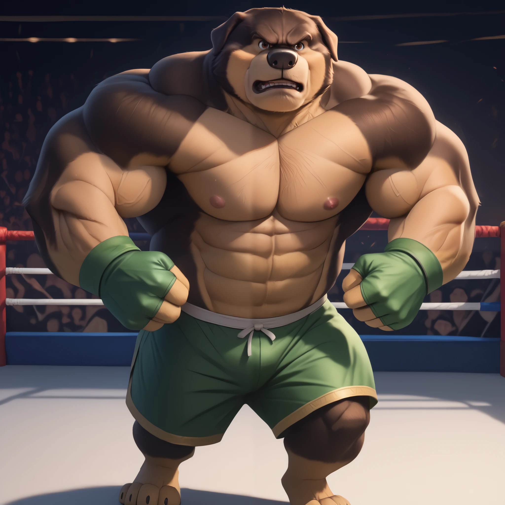 score_9, score_8_up, score_7_up, cartoon_style, ((by BodiPhant0m)), byBodiRDz, 4k, 8k, The best quality, very well drawn, detailed, high quality, detailed, 4k, high resolution, high quality, high resolution, Khampa, detailed, high quality, detailed, 4k, high resolution, high quality, high resolution, furry character, canine, 2d, solo, fighting arena background, rockdog, khampa, style rock dog, movie style, style[rockdog], rockdog, male, Tibetan mastiff, mastiff, dog boy, dog, khampa, Tibetan Mastiff with brown-and-tan fur with tan fur on his muzzle, hands, feet, black nose, brown eyes, middle aged, thick muscular, Height: 6'10", Weight: 358lbs, shirtless, wearing black MMA shorts with green colored slits, MMA fingerless gloves with green knuckle pads, fights,  