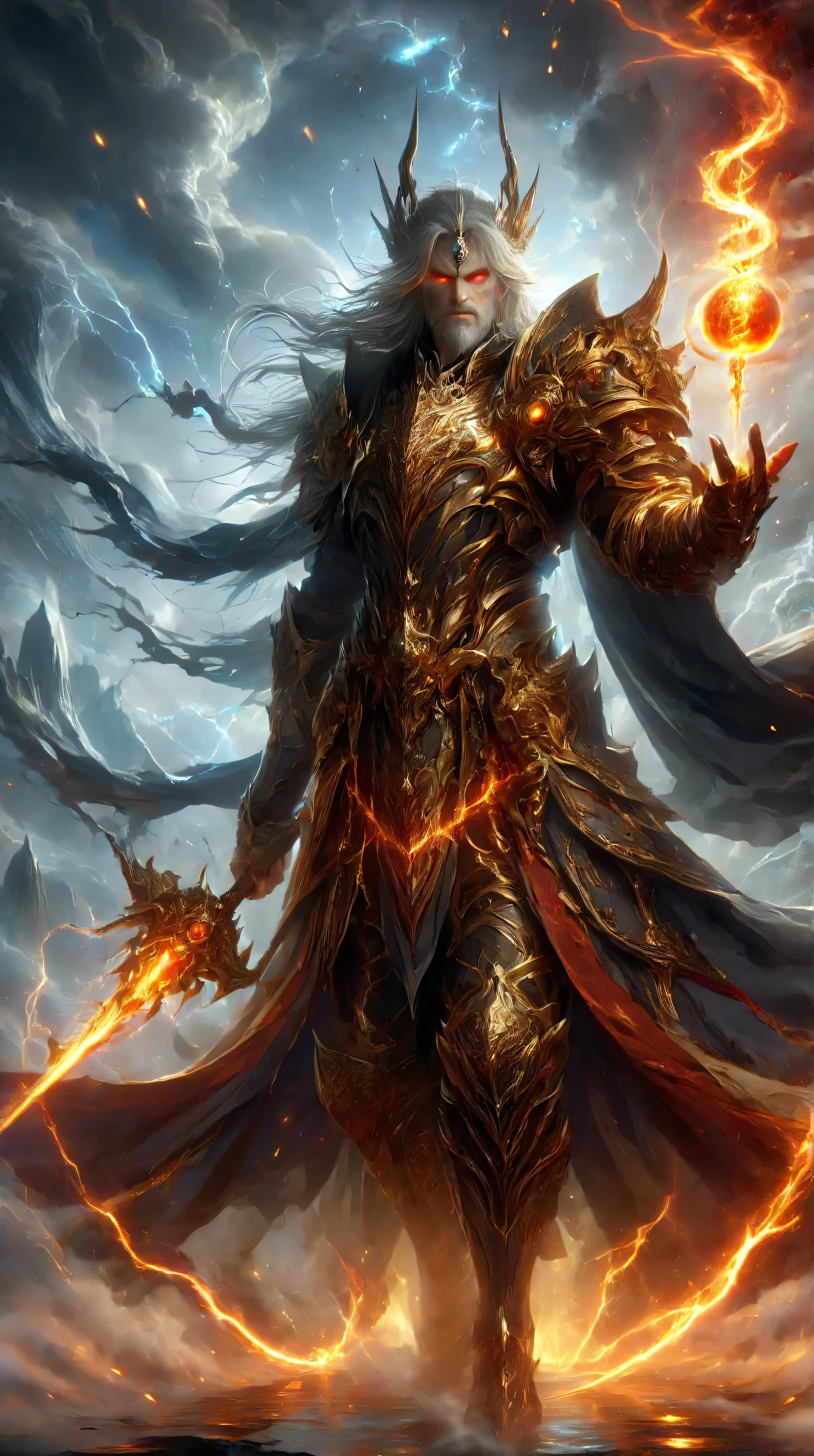 The Primordial Elemental God, the divine master of fire, water, wind, and earth, standing at the center of a cosmic convergence. His colossal form radiates pure elemental power, each limb infused with a different force of nature. His right arm is engulfed in roaring flames, casting an amber glow, while his left arm flows like a crystalline river, droplets suspended in mid-air. His right leg is formed of solid, ancient rock, cracked with glowing magma veins, and his left leg swirls with turbulent winds, creating a vortex of mist and lightning around him. His four glowing eyes reflect the balance of the elements. In his right hand, he holds a floating sphere of fire and water, locked in harmony, while his left hand conjures a tornado infused with shards of earth and sparks of electricity. The battlefield around him shifts with his will—rivers rise, mountains crumble, storms rage, and fire dances across the sky. His aura pulses with the rhythm of nature itself, a perfect equilibrium of creation and destruction. Cinematic lighting, ultra-detailed textures, dynamic elemental effects, vibrant contrast, fantasy masterpiece, divine omnipotence.