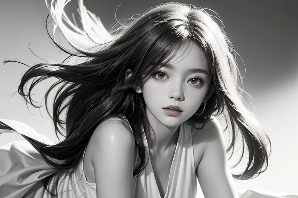 ((portrait of ultra realistic))、(Draw in detail with a pencil)、(black-and-white)、beautfull Japanease woman、facefocus、Lustrous hair、18year old、