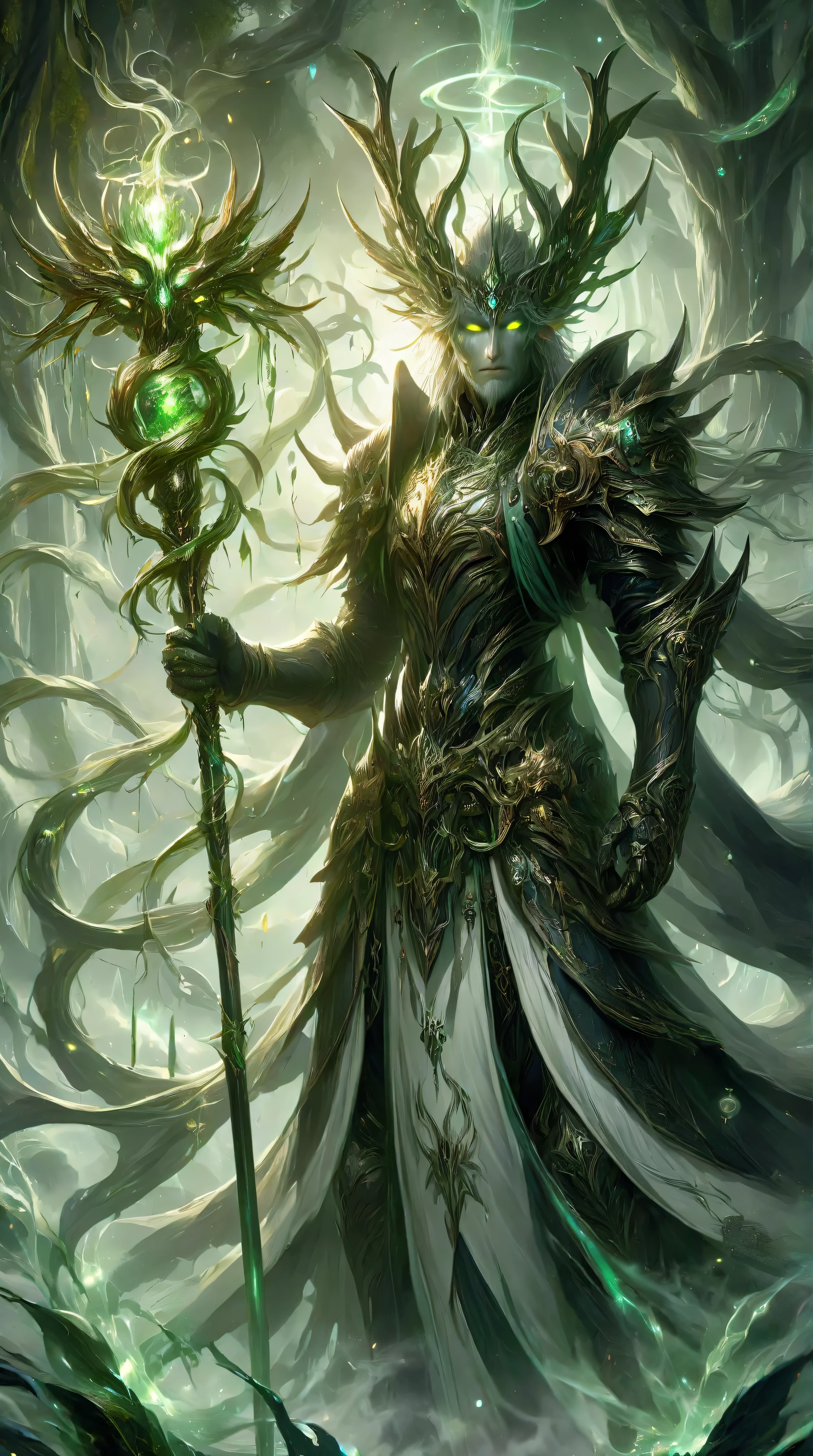 The Primordial Forest God, ancient guardian of life, standing amidst an endless, enchanted forest bathed in ethereal green light. His colossal body is formed of intertwining roots, moss-covered bark, and vibrant blooming flowers, pulsing with the energy of the earth. His glowing emerald eyes reflect the wisdom of millennia, and antler-like branches rise from his head, adorned with vines and luminous fireflies. His right hand cradles a floating orb of pure nature energy, from which leaves, flowers, and bioluminescent spores gently drift. His left hand wields an ancient wooden staff, wrapped in vines that pulse with divine power. Around him, sacred beasts—majestic stags, celestial wolves, and ethereal birds—stand in reverence. The air is filled with glowing pollen and whispers of the wind, as ancient trees bow to his presence. The ground beneath him is covered in soft moss, sprouting flowers with every step he takes. A mystical waterfall cascades in the background, surrounded by towering, ancient trees. Cinematic lighting, ultra-detailed textures, fantasy masterpiece, divine and serene presence, nature's absolute harmony.