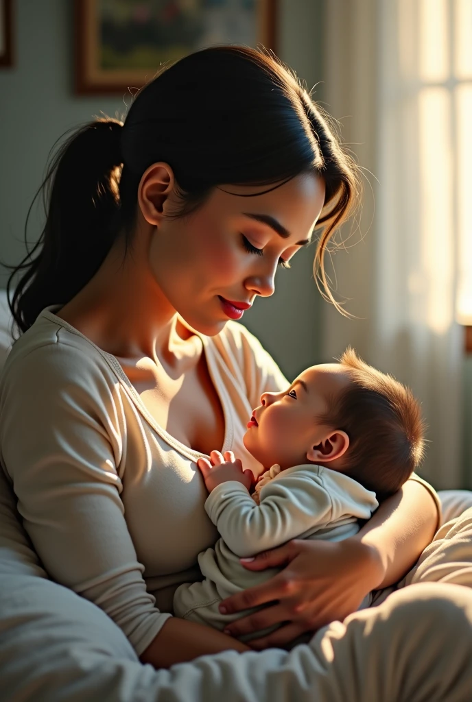 Beautiful woman breastfeeding her baby while looking at the camera and playing with the visualizer as if it were a baby