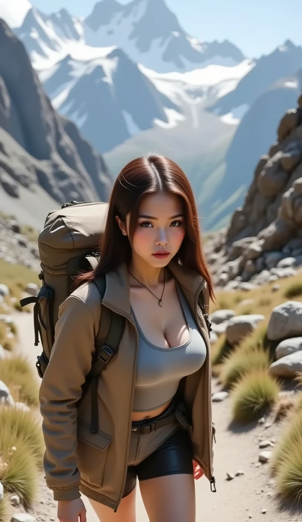 (Realistic:1.3) , In detail, quality, (masterpiece:1.2) , (photoRealistic:1.2) , (best quality) , (Detailed skin:1.3) , (Intricate details) , Ray Tracing, dramatic, pretty girl, As the brave traveller makes his way along the winding mountain path, She marveled at the breathtaking view of the valley below..