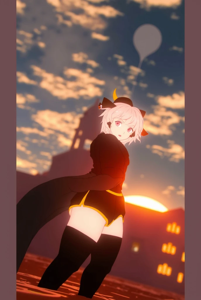 woman,<lora:lina:1>, lina, short hair, flying over city, fire, red glow