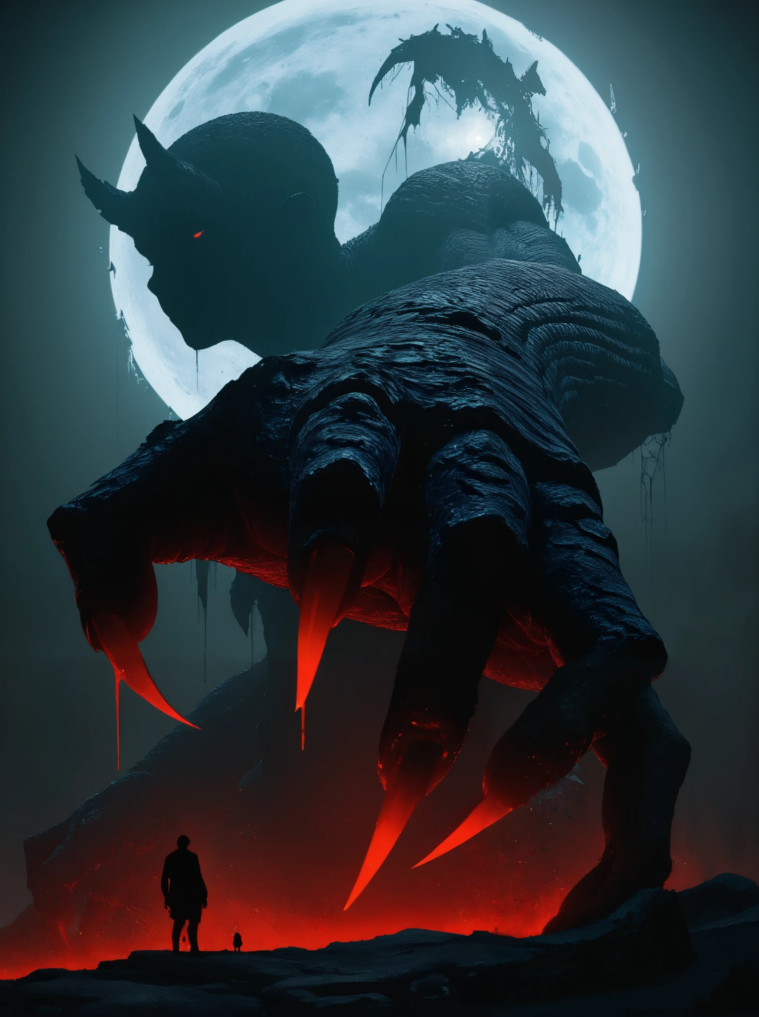 fondo , white on black ,high contrast,Focus down,blue and red details,giant hand ,Broken glass,Bloody moon,devil,long nails clothing,thick skin,scales,Colossal figure, cinematic lighting, atmospheric lights,  light, bloom, dramatic atmosphere, centered, rule of thirds, f/1.4, 6 mm, high angle photo