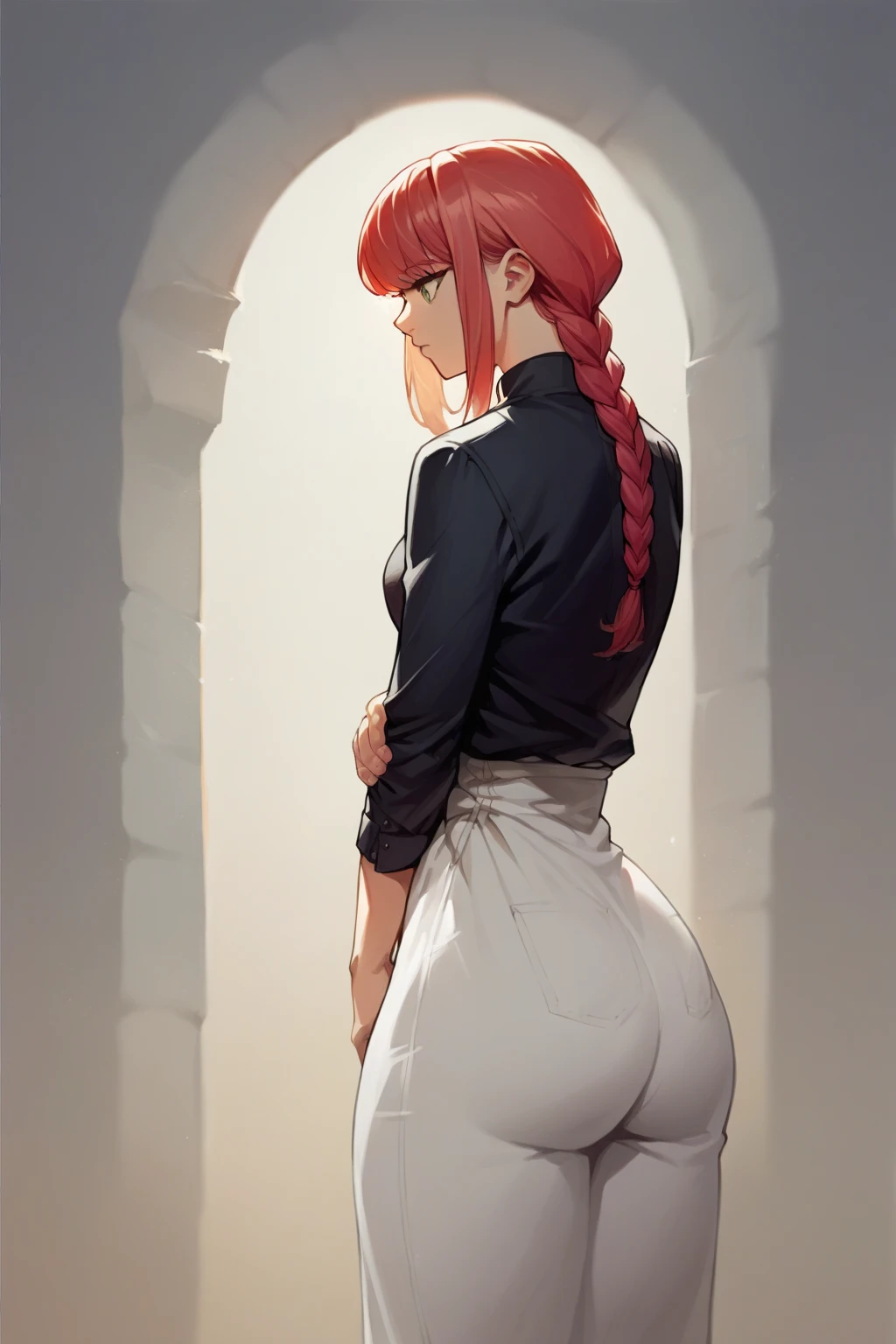 masterpiece, best quality, ultra-detailed, Potrait of beautiful MakimaCSM, solo, shirt, long_sleeves, white_shirt, collared_shirt, pants, from_behind, armehind_back, black_pants, formal, suit, arm_behind_back, shirt_tucked_in, facing_away, office_lady, business_suit, high-waist_pants, volumetric lighting, best quality, masterpiece, intricate details, tonemapping, sharp focus, hyper detailed, hands on booty, hands on ass, holding her booty, big booty, yellow eyes, red hair, white office shirt, black tight office pants