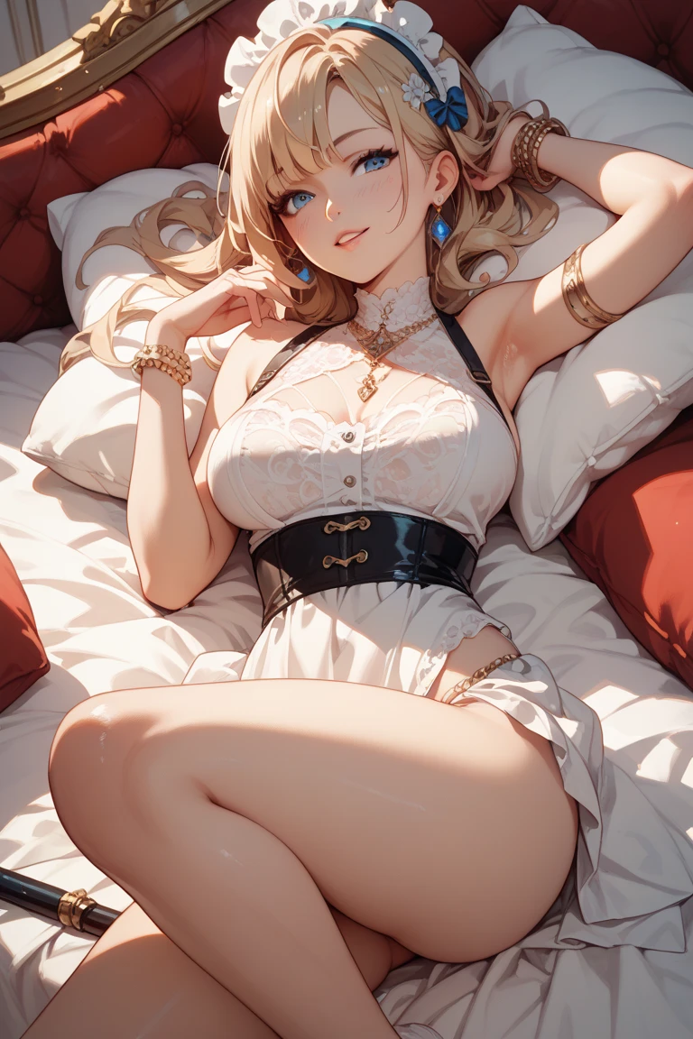 Looking here, attractive blonde young woman, lace underwear, big, skin tight, soft looking big, crotch wide open, shape of the tip of, areola showing through, pubic area clearly see-through, see-through lace underwear that sticks to wet skin, lying on bed