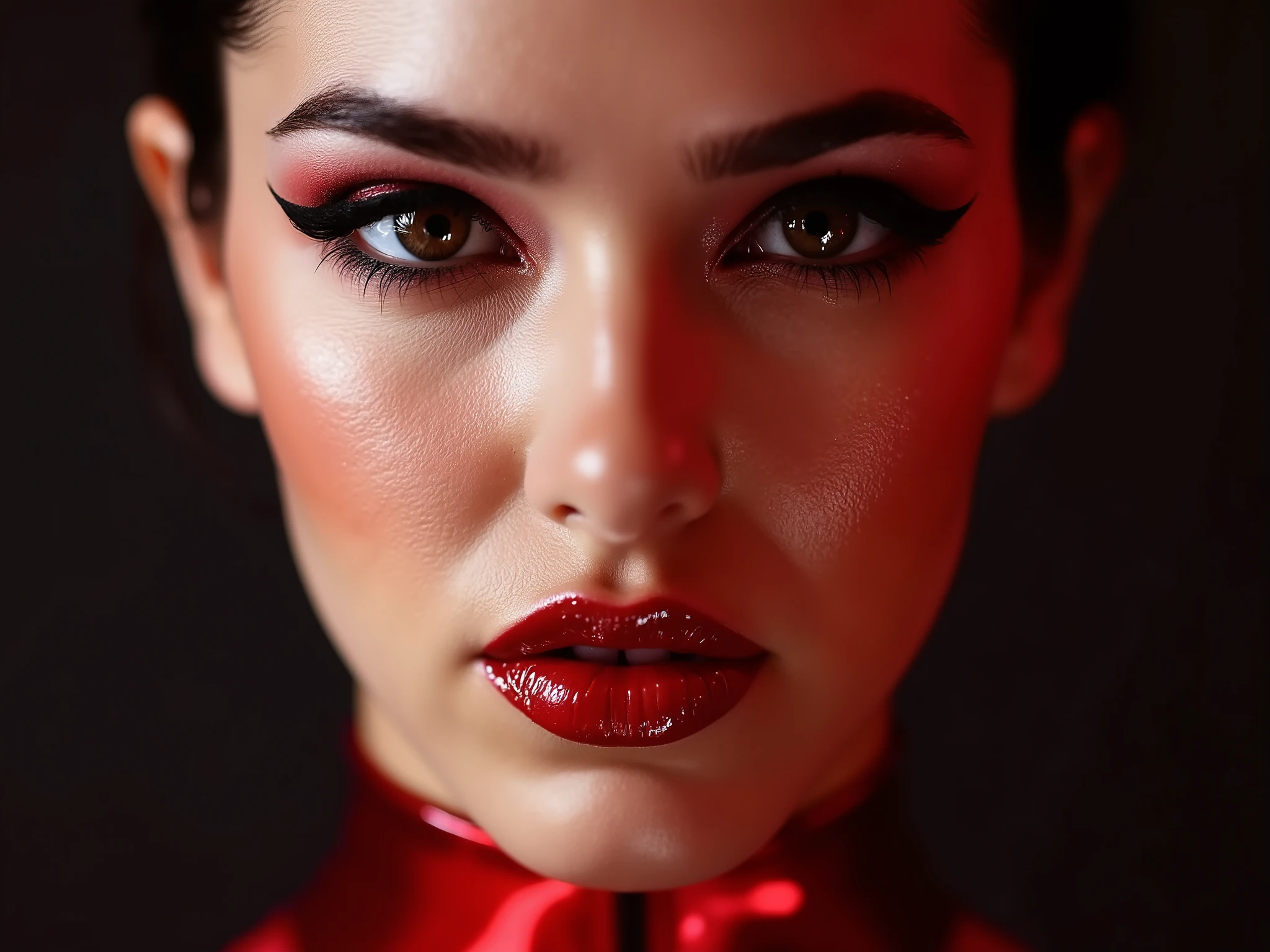 Extreme close up of her face, she is wearing extreme shiny deep red lip gloss, thick eyeliner flicks, mascara, fake eyelashes, latex neck entry catsuit, glossy lips, shiny lips, gleaming reflections bounce off her lips