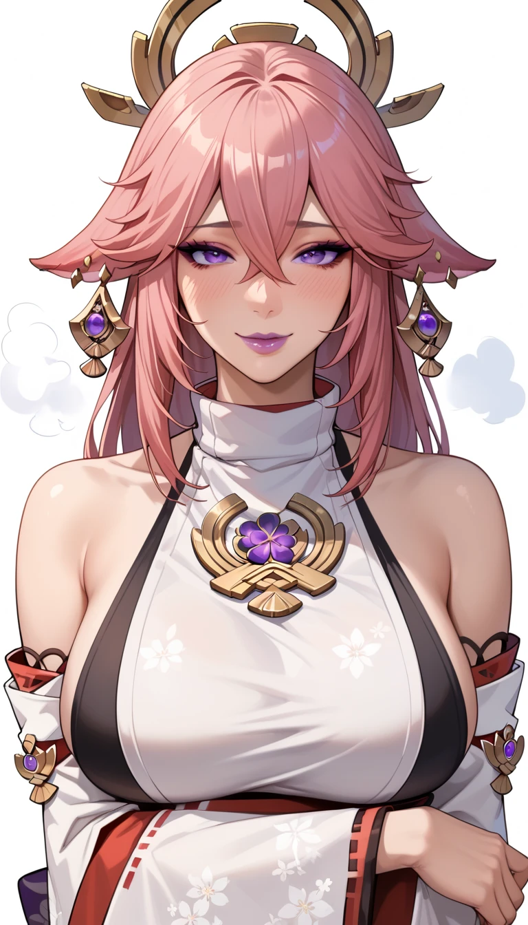 score_9,score_8_up,score_7_up,<lora:yae_miko_pony:1>,bachong, floral_print, solo, pink_lips, white_kimono, commentary, 1girl, cleavage, upper_body, head_tilt, off_shoulder, looking_at_viewer, white_background, large_breasts, alternate_costume, collarbone, absurdres, highres, bare_shoulders, smile