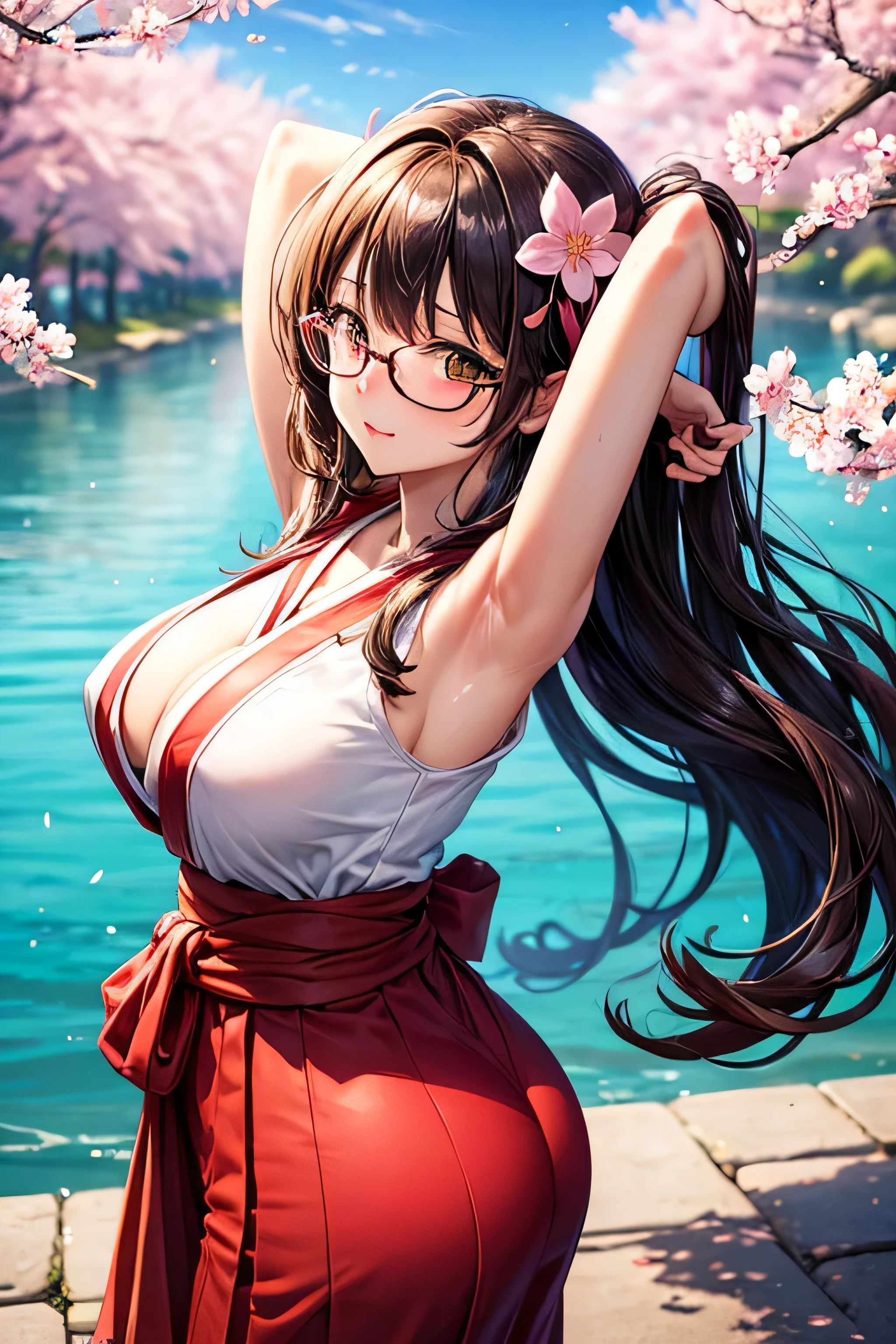 High resolution, high quality, 1 girl, Anime Girls,(Fill your stomach), Brown long hair, Brown eyes, Green glasses, Sunburned skin, big breasts, (Big Ass),miko,long hakama skirt,arms behind head,cherryblossom,at shrine,