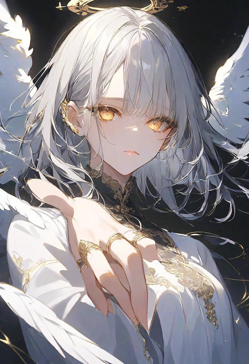 A woman, flowing white hair, melancholy eyes, yellow pupils, black diamond-shaped hairpin, Woman lying her body on a very large and soft golden silk cushion, Dutch angle, A shredded dragon with wings, arm support, arms up, incoming hug, pov, reaching, reaching towards viewer, looking at viewer, cowboy shot, dutch angle, lying down,