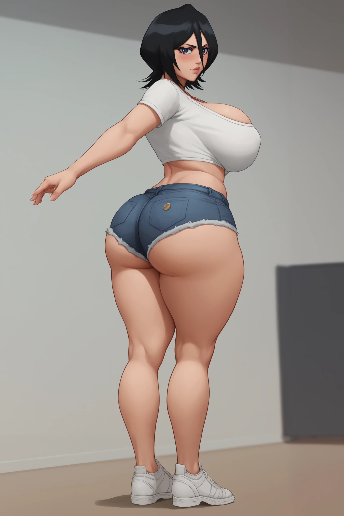 A tall girl with big breasts and sexy show yellow to light blue green colorful hair wears a black sleeveless shirt and a blue denim shorts with a brown belt and big thighs black shoes goes up stairs