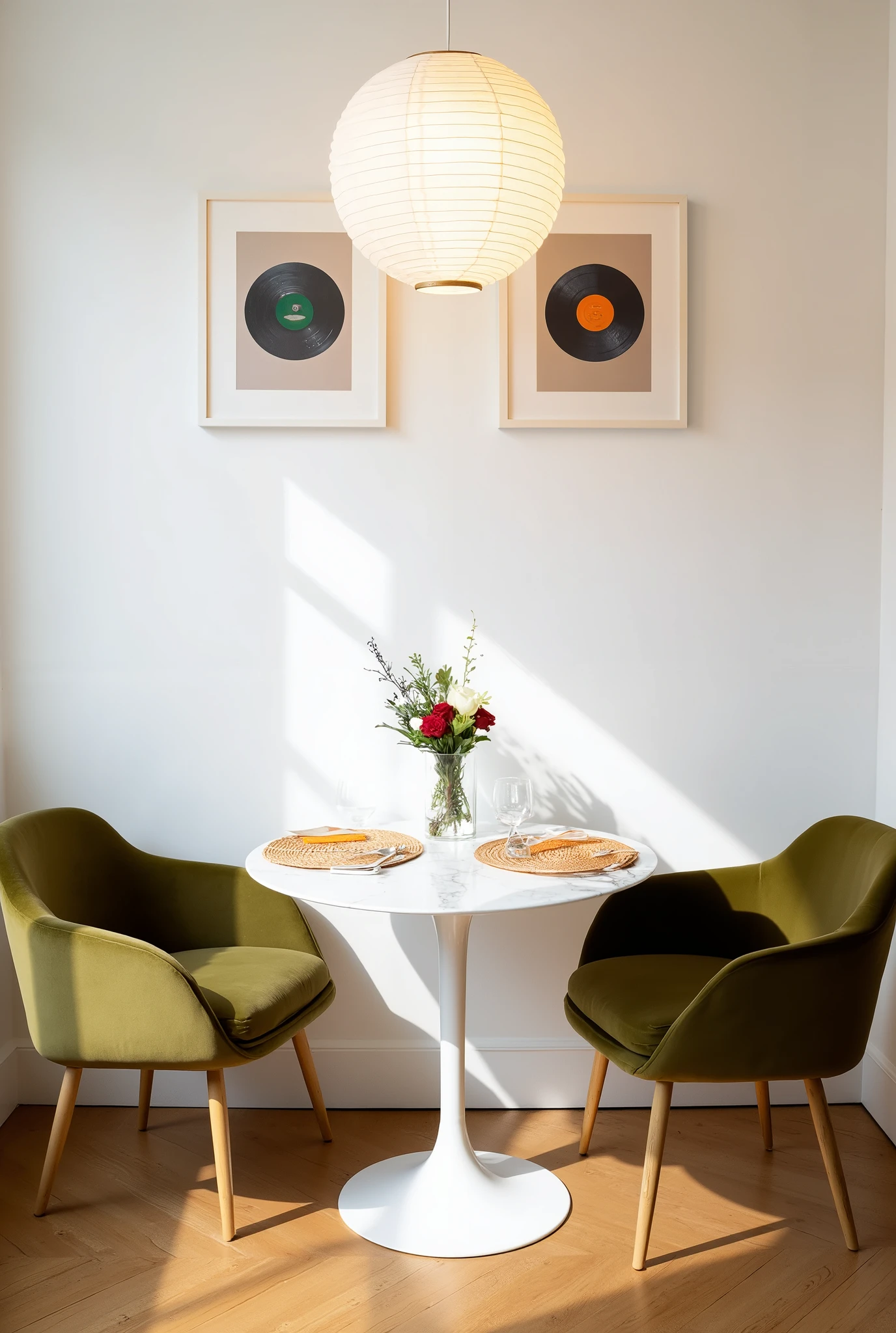 beautifully curated dining nook with a warm and inviting aesthetic. The focal point is a round white tulip-style table with a smooth, glossy surface and a single pedestal base. On the table, there are two round, woven placemats in a neutral beige tone, subtly blending with the overall color palette. At the center of the table, a clear glass vase holds a bouquet of fresh red roses mixed with green foliage, adding a lively and romantic touch to the setting.
Two plush, olive-green velvet chairs with a sculptural, curvaceous design surround the table. These chairs have a distinctive, modern aesthetic with thick cylindrical legs and an enveloping seat shape, creating a luxurious and comfortable feel.
Above the table, a large, round paper lantern light fixture with a soft, warm glow hangs from the ceiling. Its ribbed paper texture diffuses the light evenly, casting a gentle illumination over the space.
The background features a clean white wall adorned with two framed prints, symmetrically placed above the table. Each print resembles a vinyl record with a minimalist design, featuring a black circular pattern with a small, colorful center label—one in green and the other in orange. These prints contribute a modern and artistic touch to the space.
The floor consists of warm-toned parquet wood, adding texture and a natural grounding element to the scene. Sunlight streams in from an unseen window, casting soft shadows on the floor and accentuating the depth and warmth of the materials used.
The composition is well-balanced, with the round elements of the table, chairs, and lantern creating a harmonious flow. The color palette is predominantly neutral, with warm and earthy tones from the green chairs, wooden floor, and red roses, while the white walls and table keep the space feeling airy and bright. The overall aesthetic is a blend of modern, mid-century, and cozy Scandinavian influences, making the space both stylish and inviting.