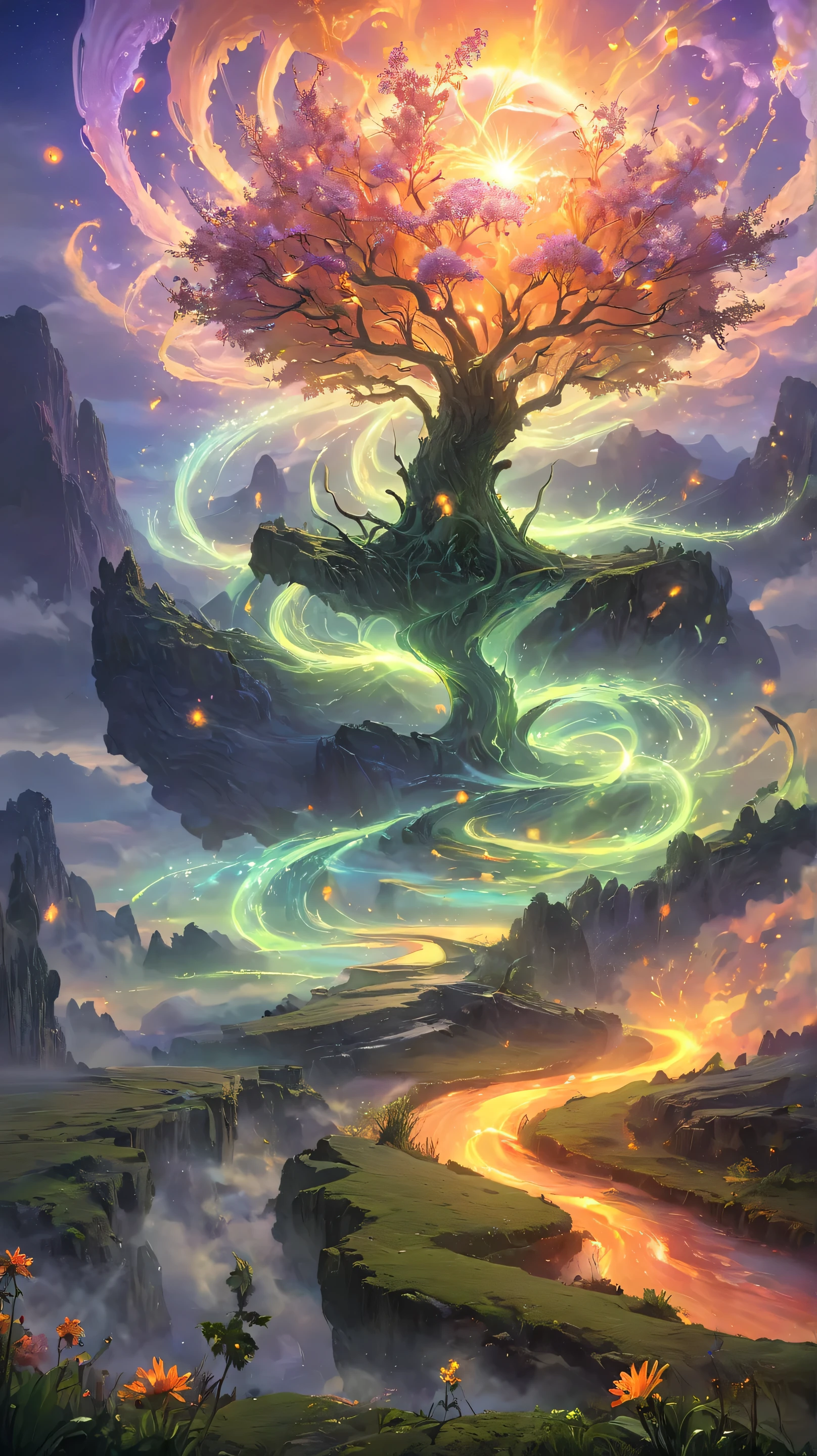 A vast and breathtaking fantasy meadow, stretching endlessly under a sky filled with floating islands and glowing celestial bodies. The vibrant green grass shimmers with a mystical glow, dotted with luminous flowers that change color in the wind. In the distance, crystal-clear rivers weave through the plains, reflecting the golden light of a twin sun setting on the horizon. Majestic ancient trees with twisting branches and glowing leaves stand tall, their roots intertwining with the land’s magic. Ethereal fireflies dance in the air, while gentle arcane mist flows through the valley, giving the scene a dreamlike aura. In the far distance, towering floating ruins of an ancient civilization hover above the landscape, pulsing with forgotten energy. The sky is painted in hues of deep purples, blues, and fiery oranges, filled with soft, swirling clouds. A cool breeze moves across the plains, carrying whispers of old legends. Cinematic lighting, ultra-detailed textures, high fantasy masterpiece, epic landscape, divine serenity, dynamic depth of field.