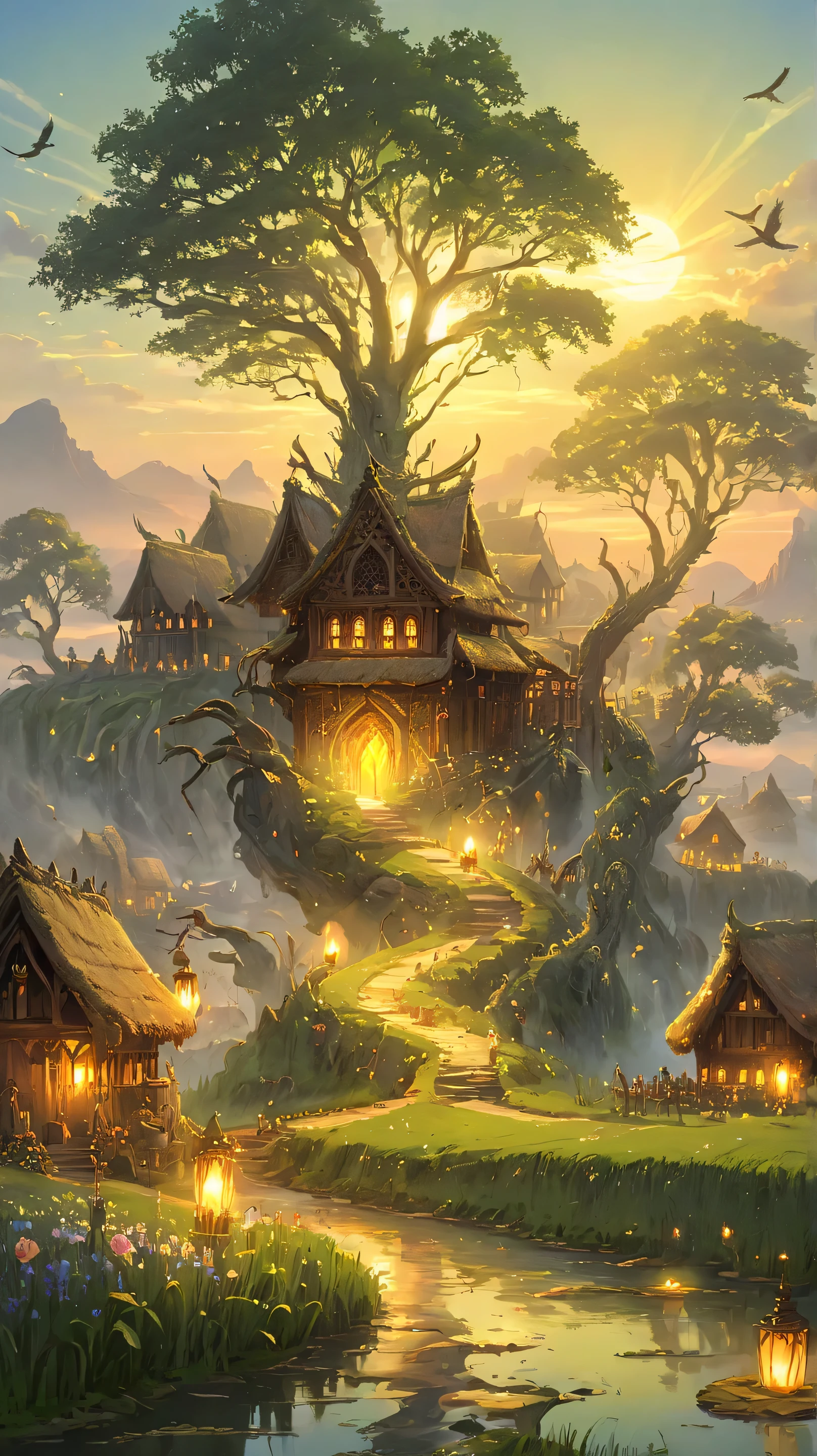 A serene fantasy village nestled in the heart of a vast, rolling green meadow, bathed in the golden light of the late afternoon sun. The village consists of charming wooden and stone cottages with thatched roofs, their chimneys releasing gentle wisps of smoke. A winding cobblestone path leads from the foreground to the village, lined with wildflowers and small glowing lanterns. In the distance, majestic ancient trees stand tall, their branches swaying gently in the breeze. Beyond the village, a crystal-clear river snakes through the plains, reflecting the soft hues of the sky. A few villagers can be seen tending to their gardens or walking along the paths, adding life to the peaceful scene. Birds glide effortlessly across the sky, while a light wind rustles through the tall grass. The atmosphere is warm, tranquil, and deeply immersive, evoking a sense of comfort and nostalgia. Cinematic lighting, ultra-detailed textures, high fantasy masterpiece, soft golden glow, picturesque landscape, storybook village."