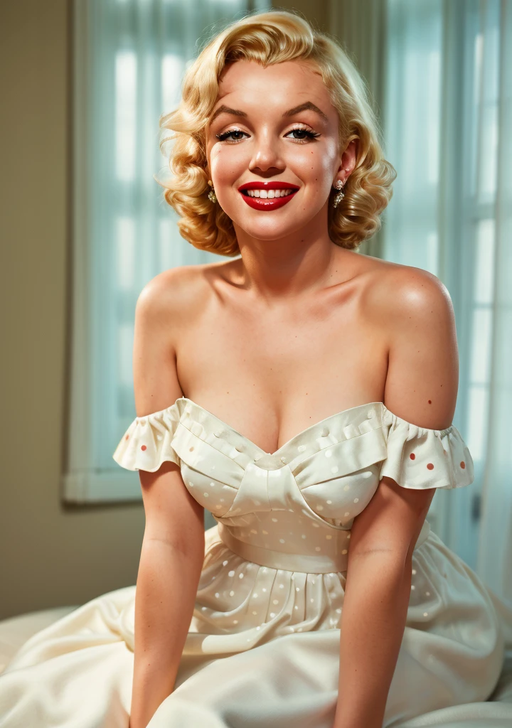 RAW photo, 1woman, portrait of  Marilyn Monroe, thin, wearing off shoulder dress, intricate, elegant, highly detailed, depth of field, natural lighting, hard focus, ray traced, (evil smile:1.2), 8k uhd, dslr, soft lighting, high quality, film grain, Fujifilm XT3