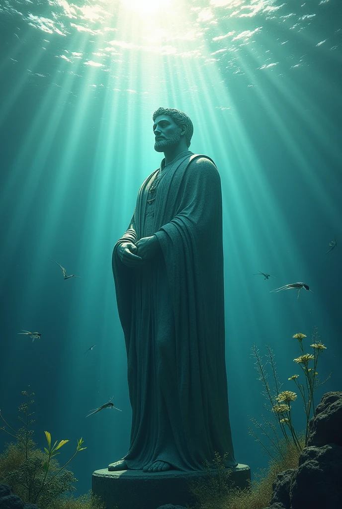  A statu sinking into the sea with coral and fishes 