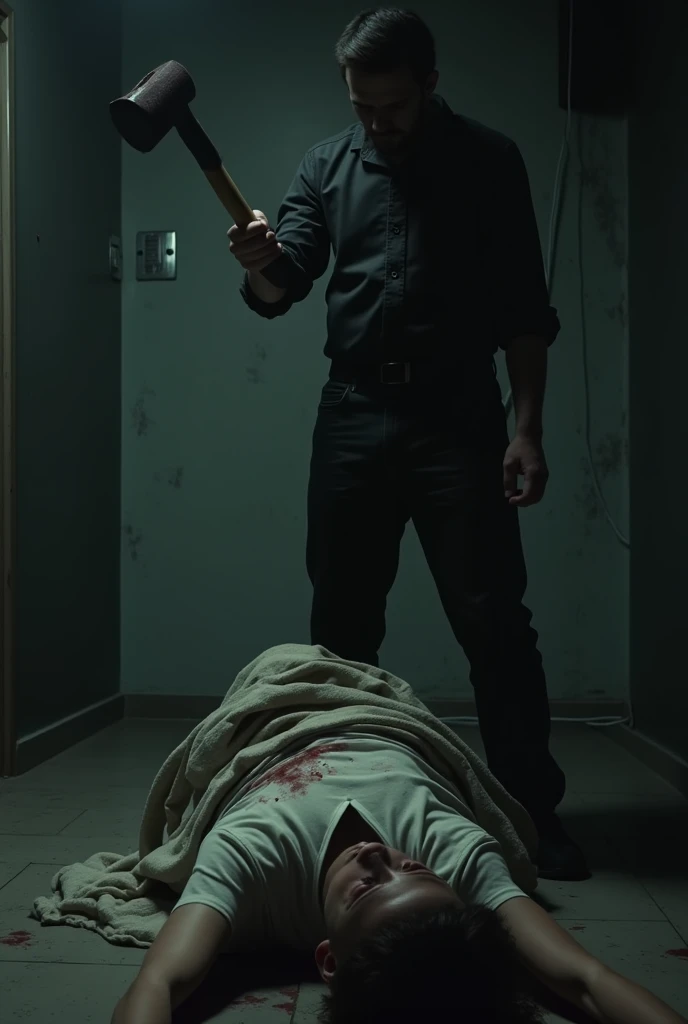 Male stabbing another male with a knife aand blood flows through the floor