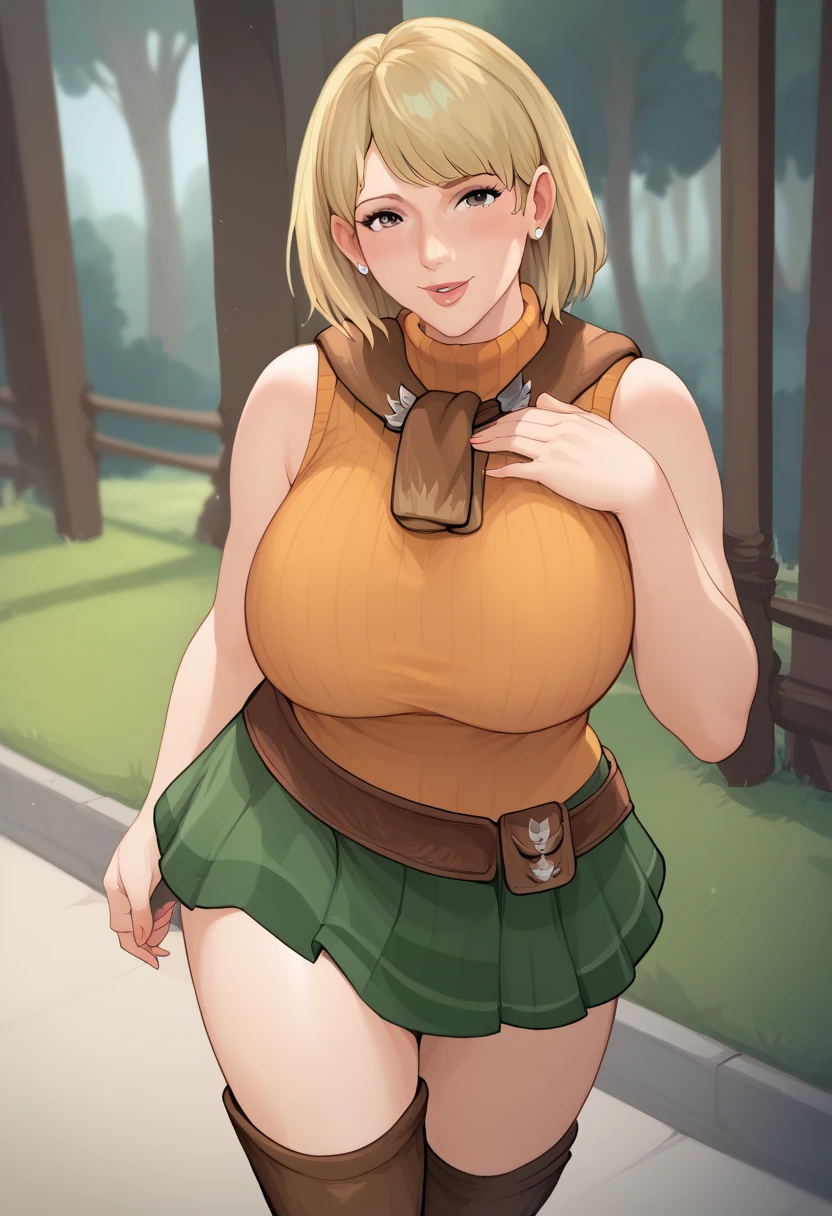 ((anime:)),,((best quality)), ((highly detailed)),(((sketch:))) extremely detailed face, beautiful face,((1girl:1.5)),((solo:1.5)),(shiny skin),((cowboy shot:1.5)),(looking at viewer), riza, brown hair, single glove, ((thighhighs,white thighhighs:1.15)) ((light brown eyes:1.25)), red shorts, jewelry, belt, hat, white headwear, necklace, yellow jacket, hair ornament, short hair, brown glove, shirt((huge breasts:1.12)),,((hanging breasts:1.25)),nsfw, (((bottomless:1.45))),((cleavage:1.15)),((thick thighs:1.25))(curvy:1.1),((wide hip:1.05)),((pussy:1.35)),((outdoors:1.25)),,,((park:1.5)),((standing:1.35)),,((nose blush:1.45)),(happy:1.15)bad mood,(open mouth),half closed eyes,BREAK ((brown boots)),((thigh boots:1.35)),,hand on hip,(from above)