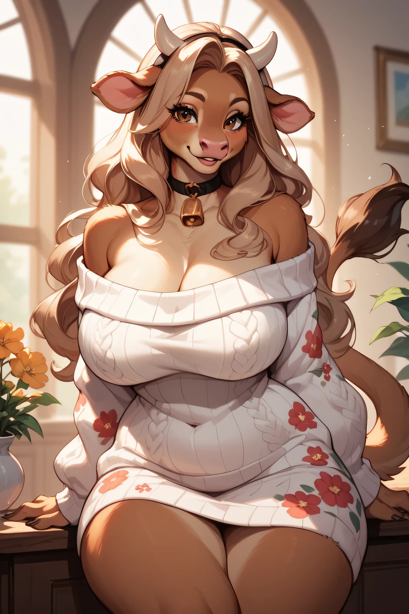 Furry cow big breasts long blond hair Cute appearance, big breasts wearing  a white floral skirt, choker, wearing an off-shoulder sweater sexy pose , brown fur, Mature woman, mature body,