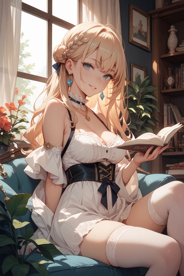 ((Light blonde hair)),((Super long curly hair)),(balloon sleeve long sleeve clothing),(plaid long sleeve tops),((black long vest),((denim type corset)),((Feeling of fatigue and weakness)),((Perspective from below)),Slight red tide,((wearing bold clothes and sitting on a chair)),(Reading)),((A room covered in pink and white roses)),(()),((Cleavage that looks modest)),((Collars and necklaces decorated with roses)),,((Take your eyes off)),