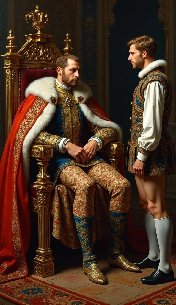 A sexy king sitting on a throne, crown,gold jewellery, penis ,he is getting fucked by his knight,gay anal sex