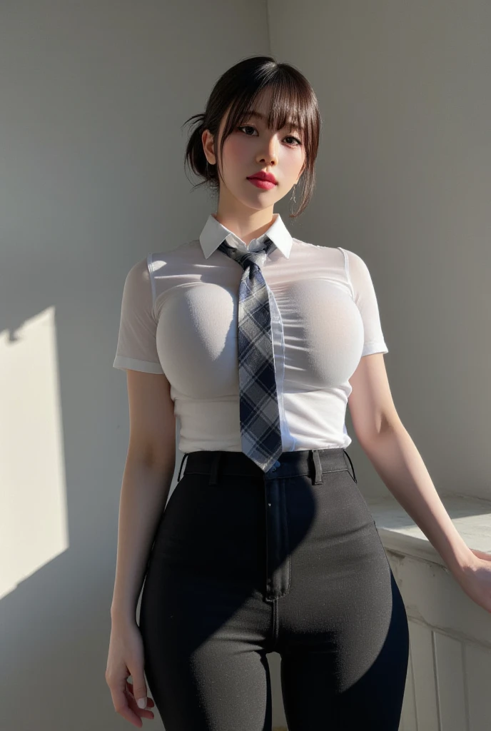 (Elite secretary of the upper class in light underwear), sit on a chair,work in the office、 (wear pantyhose)、(short layered hair)、crossed legs, wear high-end heels、 (stockings and skirt), Collared button shirt secretary, merchant, wear a shirt and skirt, business suit, business attire, RAW photo, (8K、highest quality、master piece:1.2)、(intricate details:1.4)、(Photoreal:1.4)、octane rendering、Ultra-detailed complex 3D renderings, vivid details, super detail, realistic skin texture, detail makeup, beautiful detailed eyes, Highly detailed CG Unity 16k wallpaper, Makeup - Makeup, (detailed background:1.2、((Foliage plant))、necklace、earrings、Glasses with light silver trim、buckshot、side shot), shiny skin、naked to the thighs!!!,