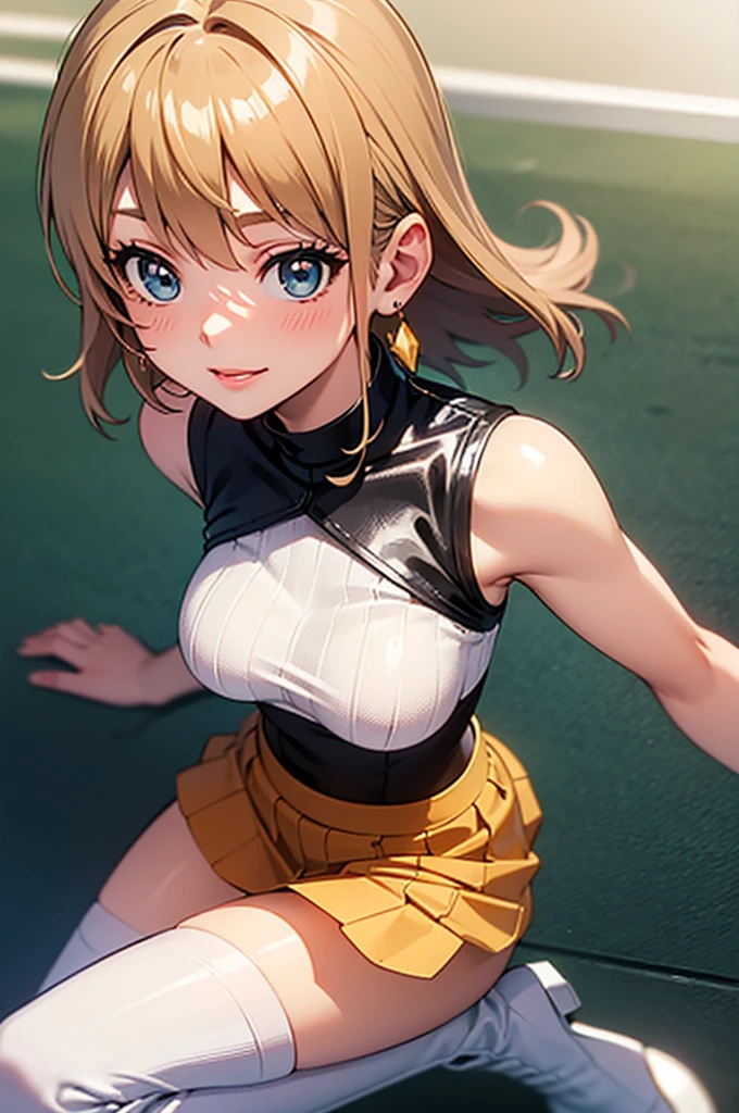 (Highest quality:1.2, High Detail, masterpiece:1.2, Best aesthetics), (1 girl), Beautiful woman, Beautiful detailed eyes, Beautiful detailed lips, Highly detailed face, Delicate depiction of hair and eyes, Detailed Fashion, (detailed background:1.2) ((Portraiture, Cowboy Shot)), Aqua Eye, huge ahoge, Mouth open, Earrings, View your viewers, big breasts, upper body, full body from knees to head, gaze away, gaze into the distance, smile lightly, fancy nails, bracelet, medium hair, yellow color inner hair, brown hair, track and field wear, tight racing bloomers, separate, sports bra, bloomer