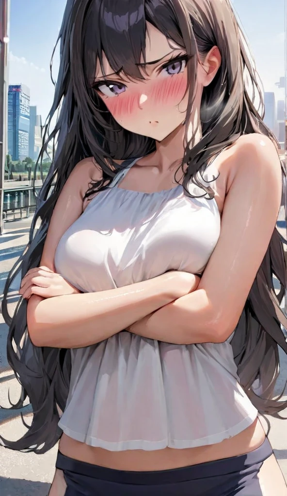 Amazing Chitanda, There is only one beautiful girl，Purple Eyes, Black Hair, Very red face，Very white skin，Glowing skin，Skin as delicate as porcelain，Naturally straight hair, Straight bangs，Extremely refined，Open lips，Long flowing hair，Beautiful Girl, Like a dream，Slim，Slim waist，Soft, (Sensual), (Kawaii), Dream quality，Beautiful big breasts，Half of the areola is exposed，white summer dress，sleeveless，Many holes in clothes，Ragged clothes，Torn clothes，The clothes are completely transparent，Deep V neckline，Loose neckline，Wide neckline，at the train station，Standing，Very crowded crowd，Carrying a doll，Wind blows up skirt，no pants，Bare shoulders，Bare neck，Exposed collarbone，Exposing breasts，Exposing breasts side，Show your waist，Show your buttocks，Show your thighs，Exposing the groin，No pants，extremely shy，Ultra-high resolution, (masterpiece:1.2, best quality), (Delicate and beautiful eyes: 1.2), (Beautiful and delicate face)
