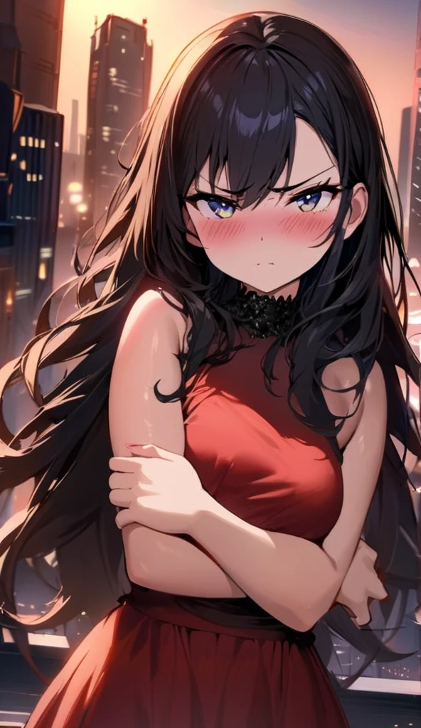 beautiful, alone, 1 chubby woman, long hair tied in a ponytail, black hair, blue highlights at the ends of her hair, silver eyes (detailed eyes), determined look, embarrassed expression, red lips (perfect lips), wide hips, potato thick leg, black leather jumpsuit, peased skirt, long fur cape, futuristic, cyberpunk, cinematic angle, cinematic lighting, artwork, best quality, nsfw, crotch rubbing